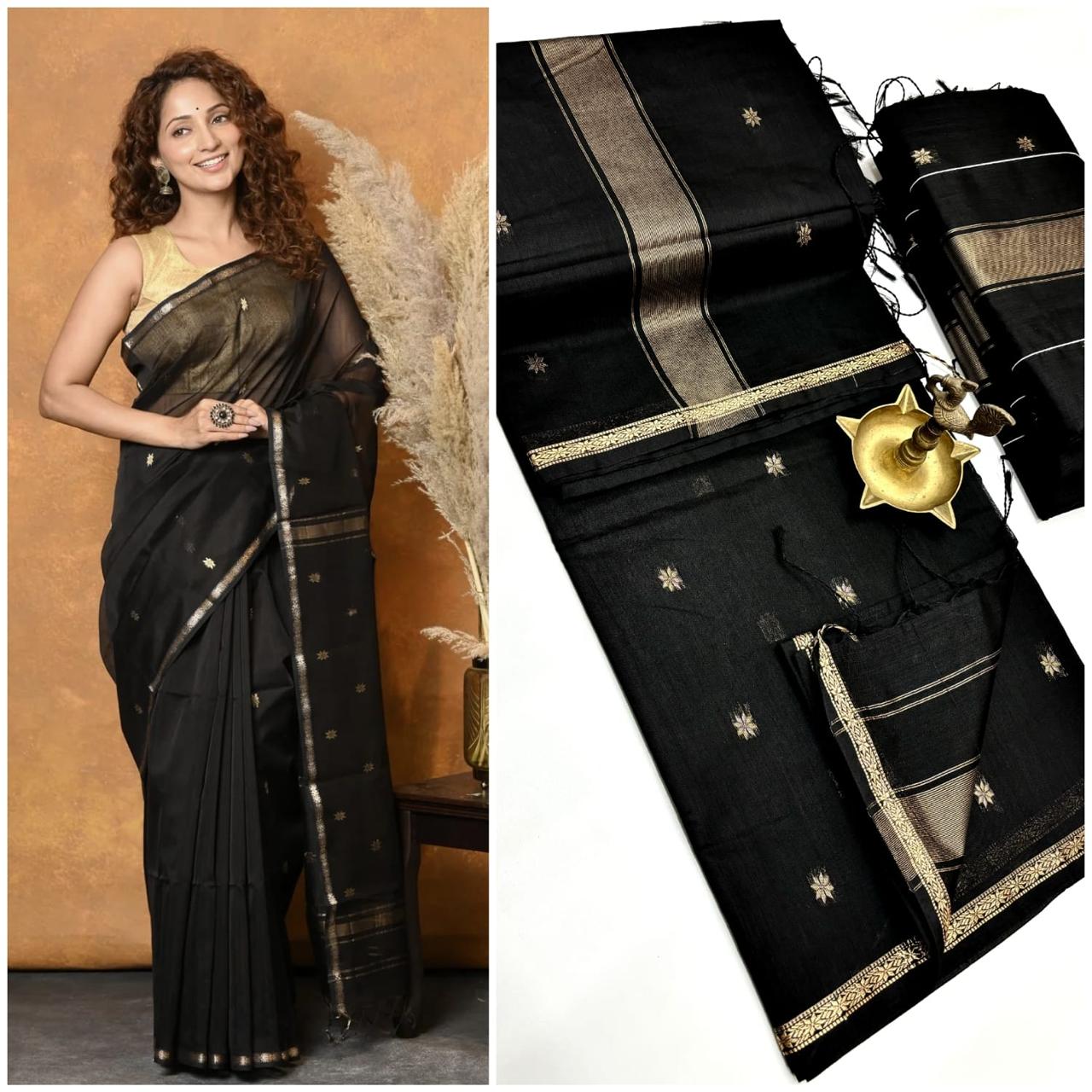 MAHESHWARI COTTON SILK SAREE - BLACK