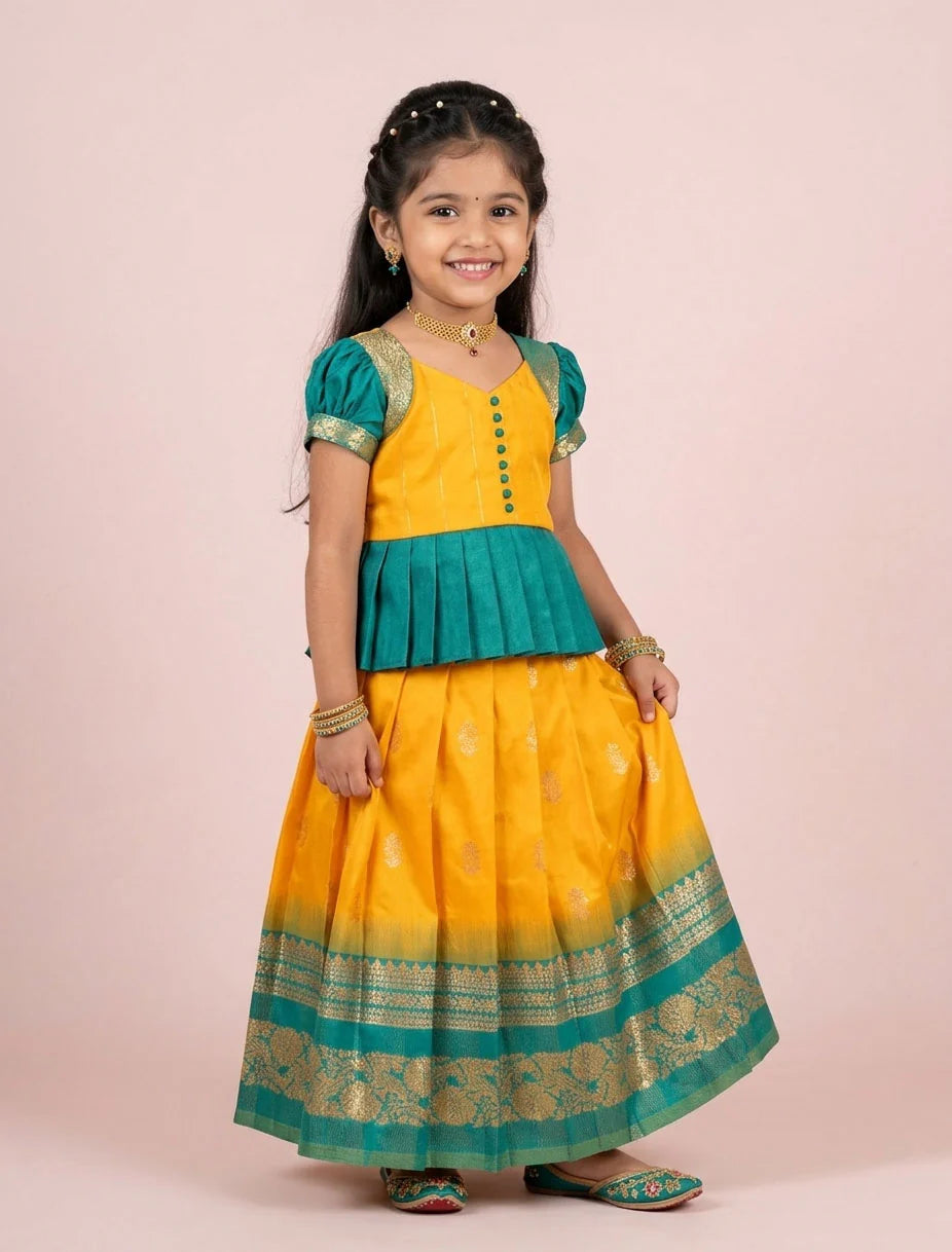 DESIGNER YELLOW TEAL PATTU PAVADAI