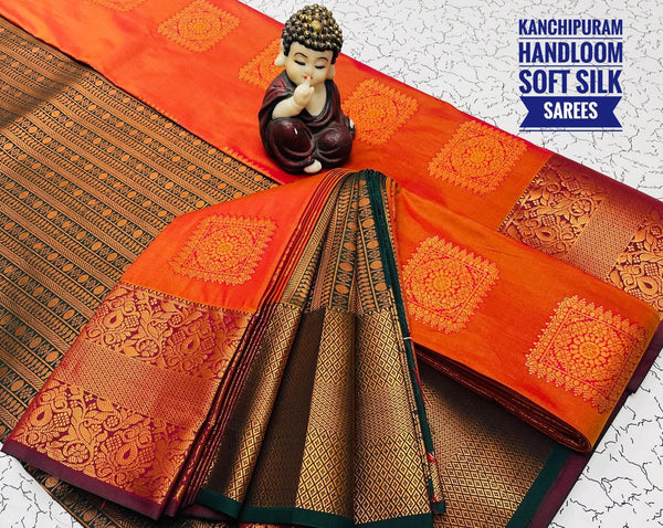 KANCHI HANDLOOM SOFT SILK SAREE - ORANGE