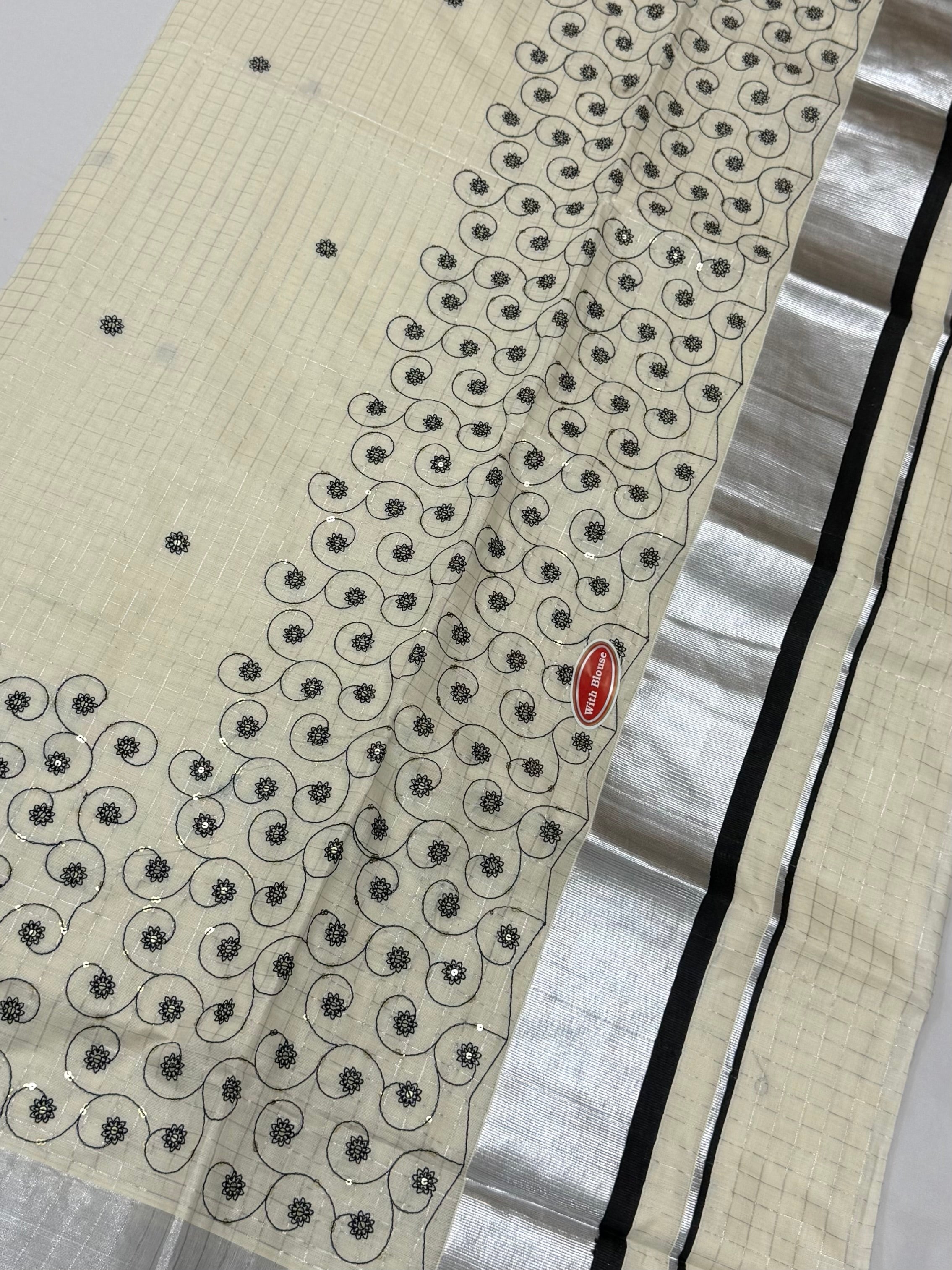 KERALA KASAVU COTTON SEQUIN WORK SAREE - (OFF WHITE,SILVER,BLACK)