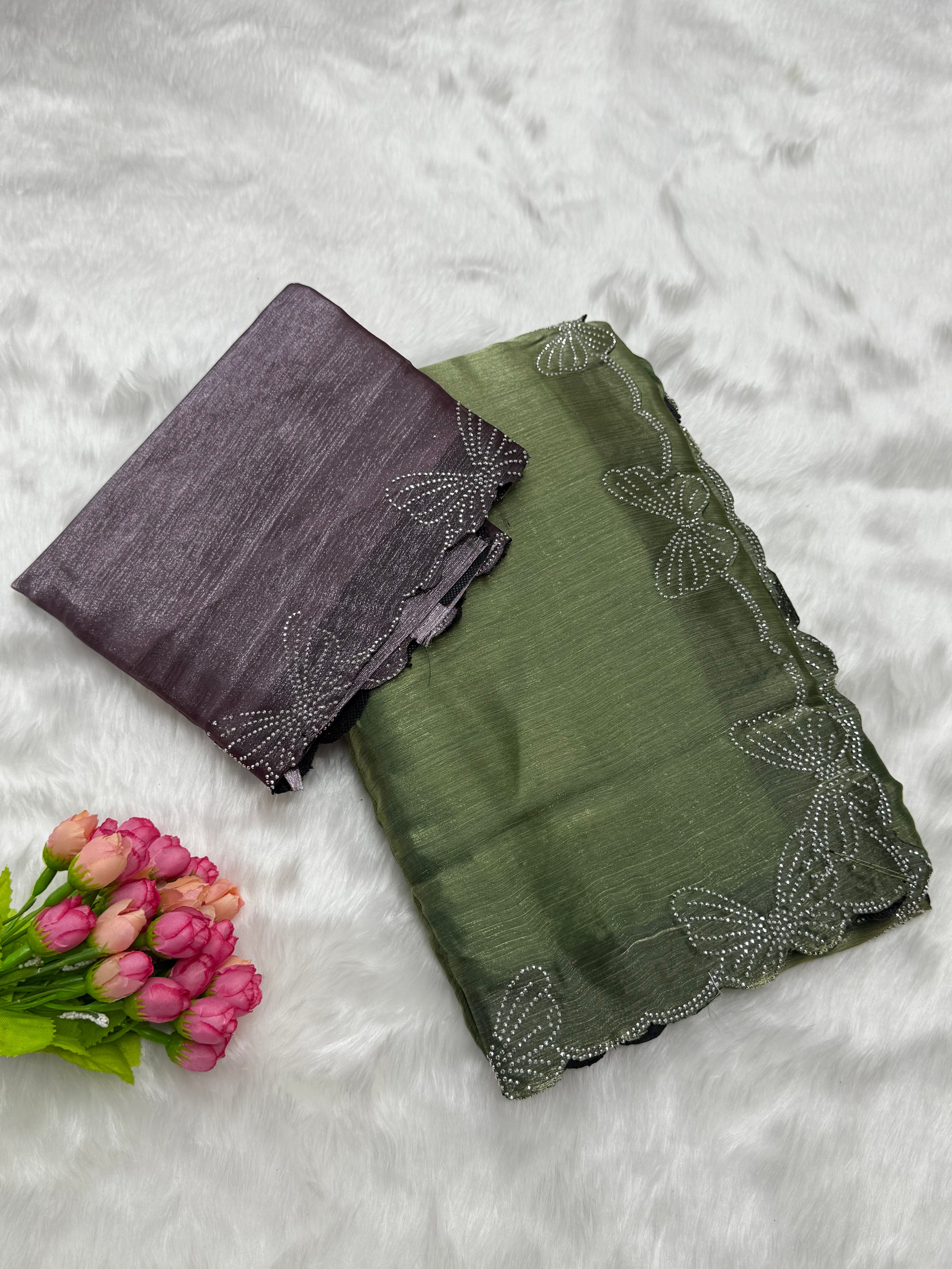 SPACE SILK BUTTERFLY DIAMOND WORK DESIGNER SAREE - MUTED OLIVE GREEN