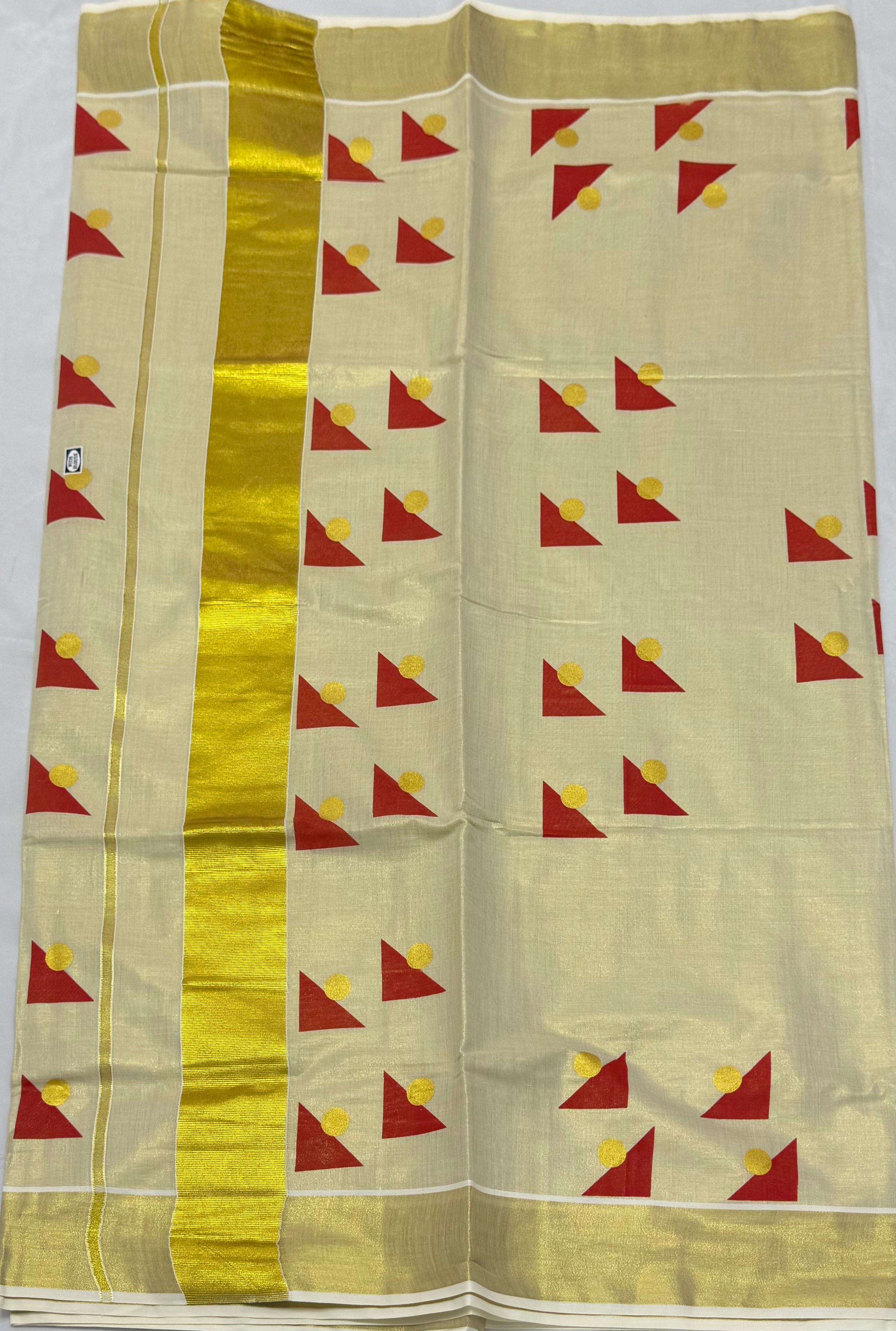BLOCK  PRINTED KASAVU TISSUE SAREE - (GOLD,CREAM)
