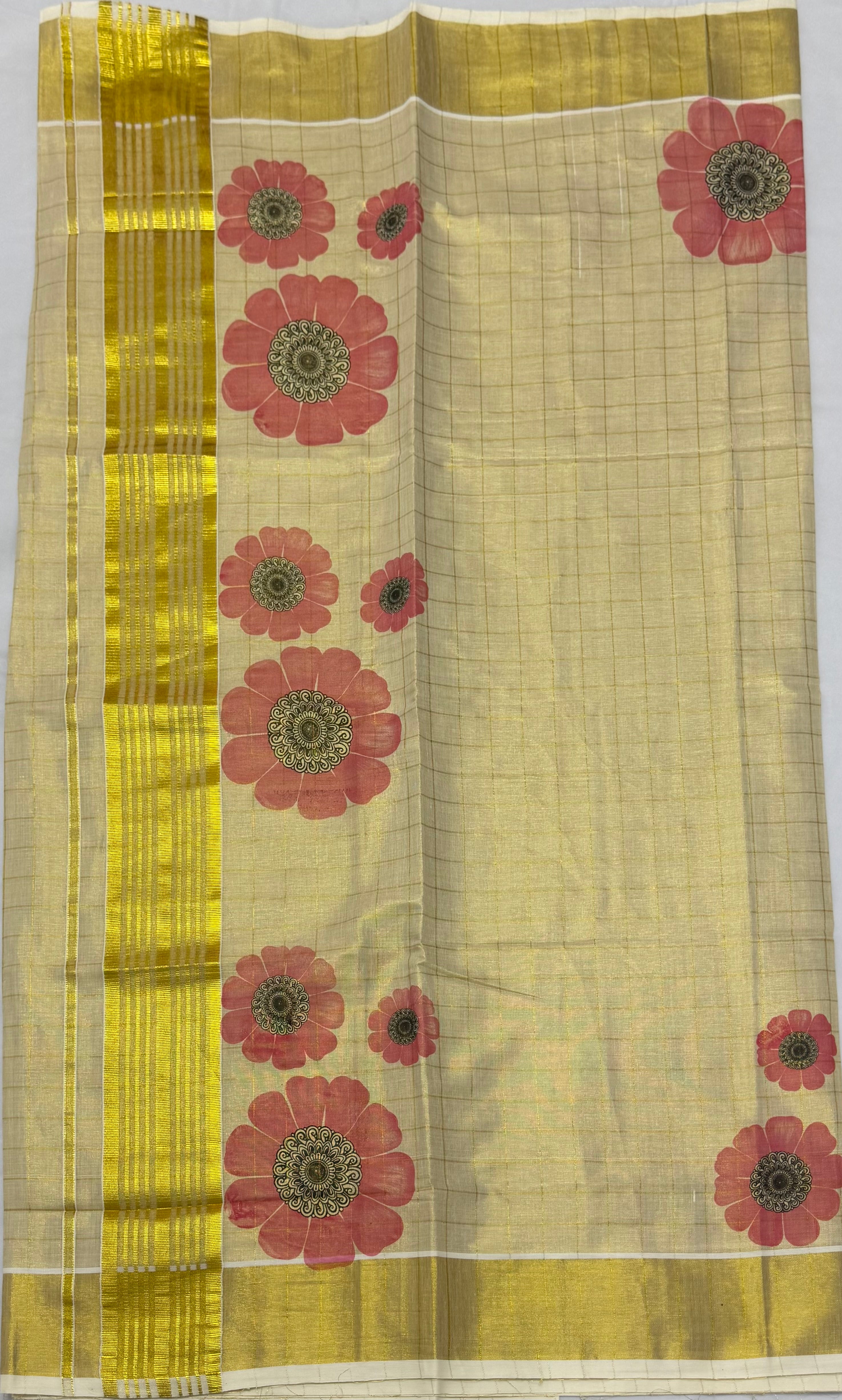 FLORAL PRINTED KASAVU TISSUE SAREE - (GOLD,CREAM)