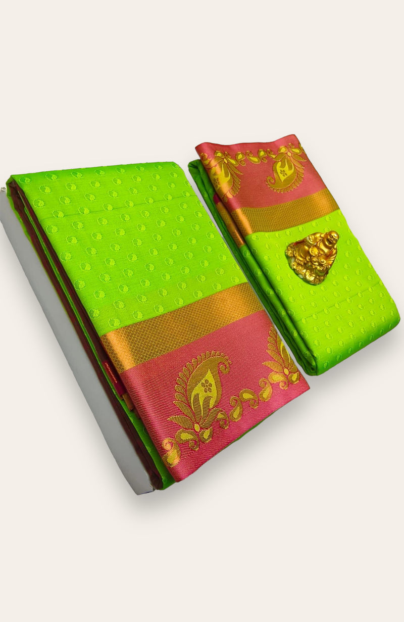 FANCY SOFT SILK 3D EMBOSSED SAREE - GREEN