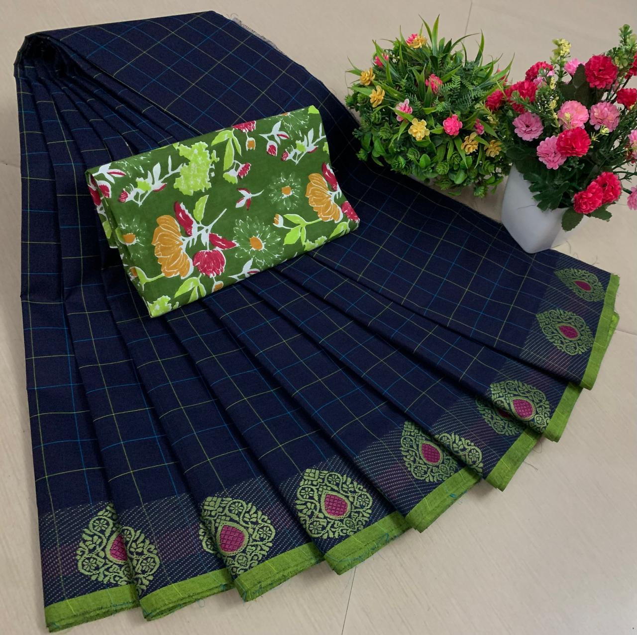 PURE KANCHI HANDLOOM COTTON SAREES - NAVY BLUE