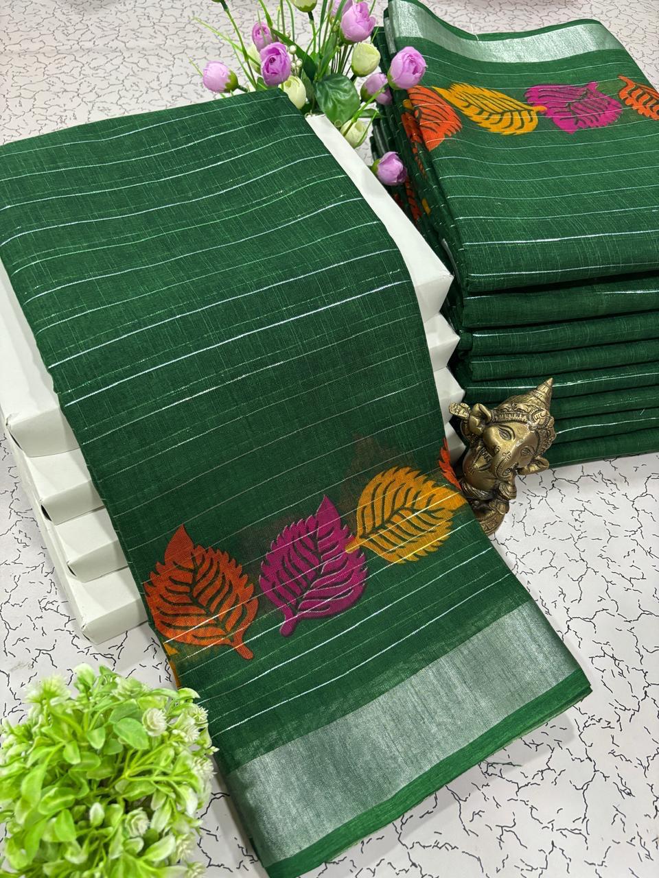 FANCY LINEN COTTON SAREES - GREEN