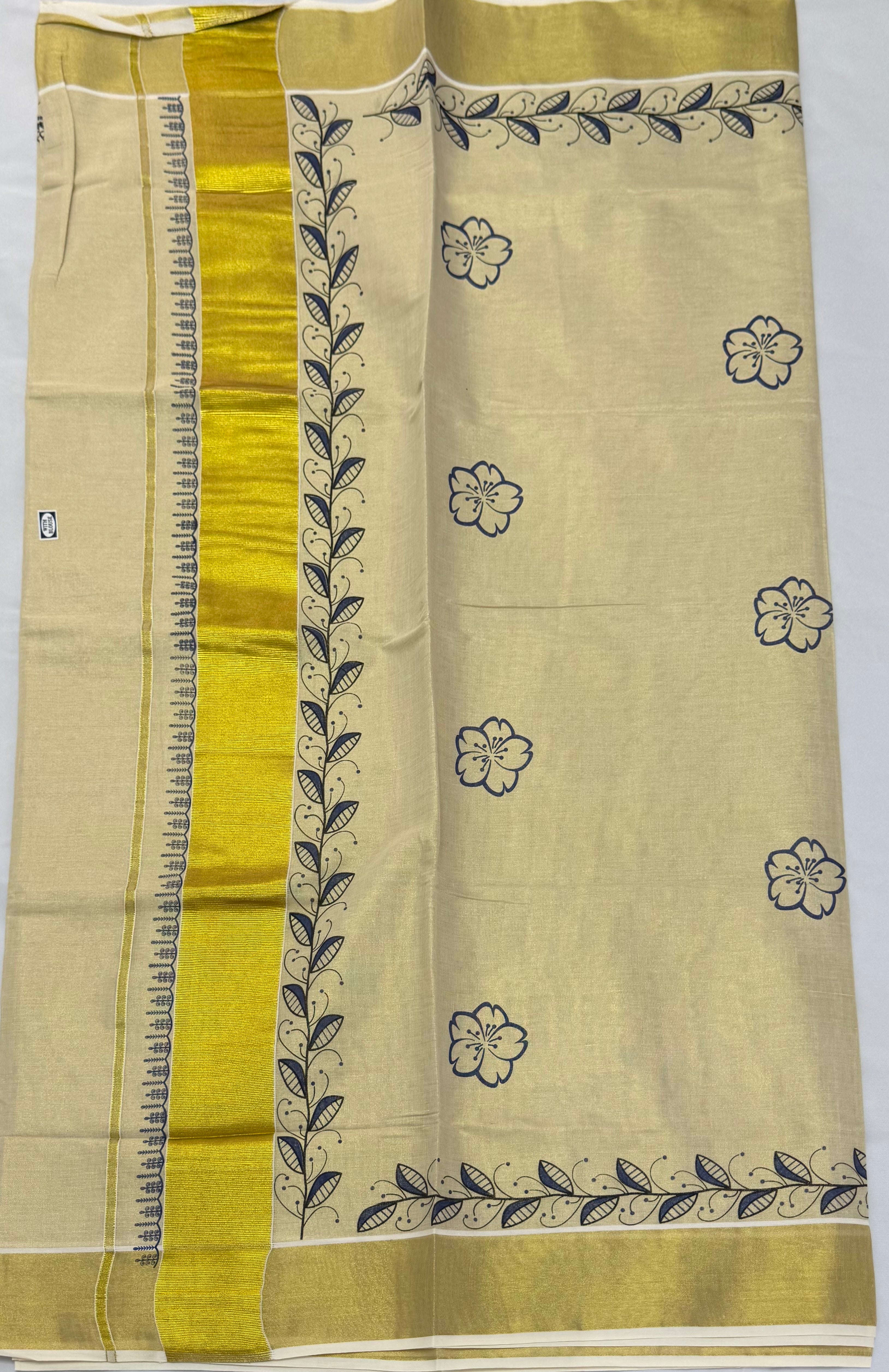 TRADITIONAL TISSUE KASAVU HAND PAINTED SAREE - (GOLD,CREAM)