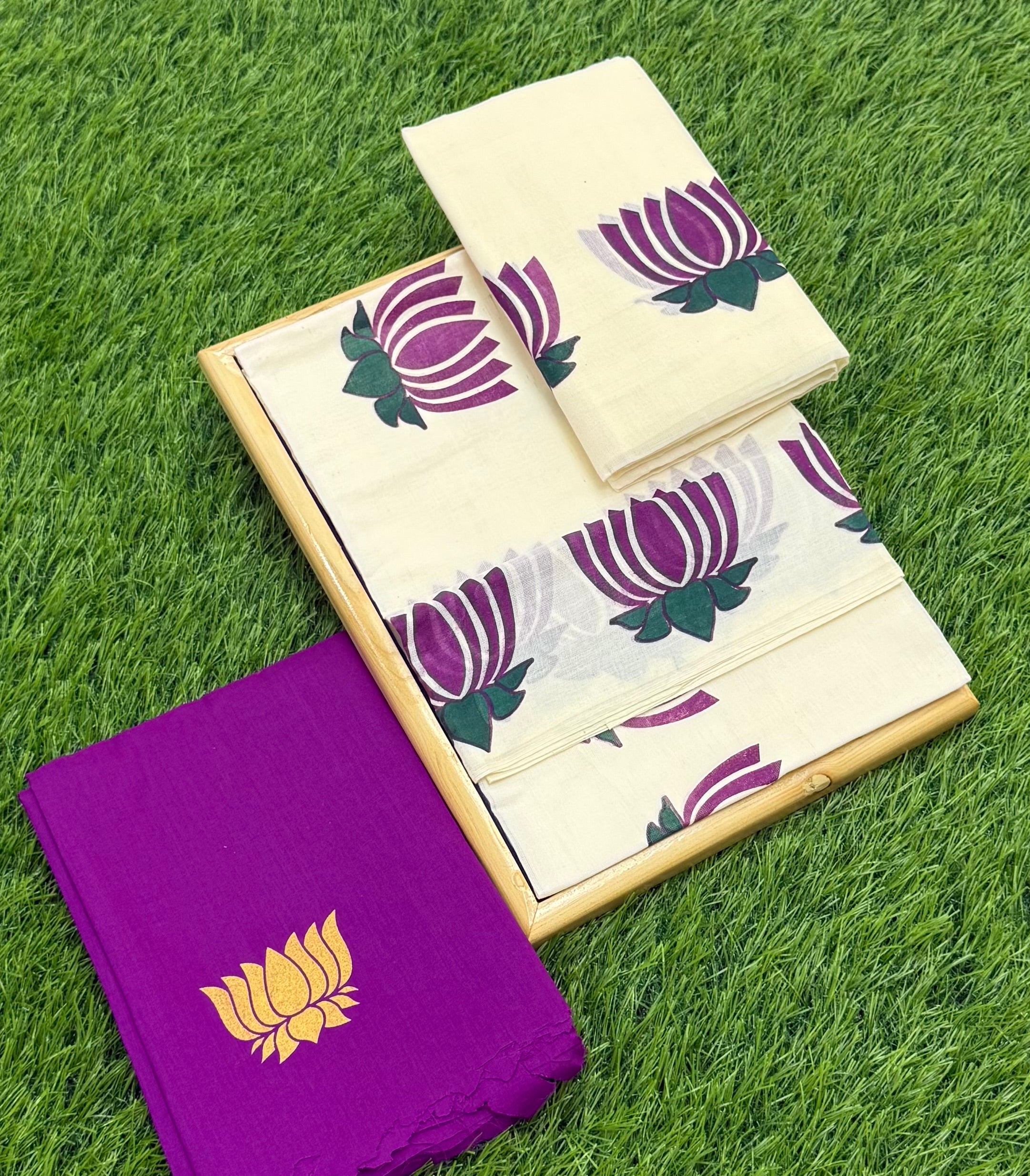 FANCY PRINTED SINGLE SET MUNDU (MUNDUM NERIYATHUM) WITH BLOUSE PIECE - 2 X 2.50 MTRS