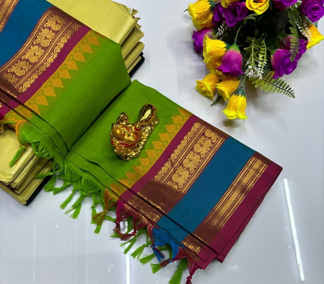 PURE KANCHI COTTON SAREES - LIGHT GREEN