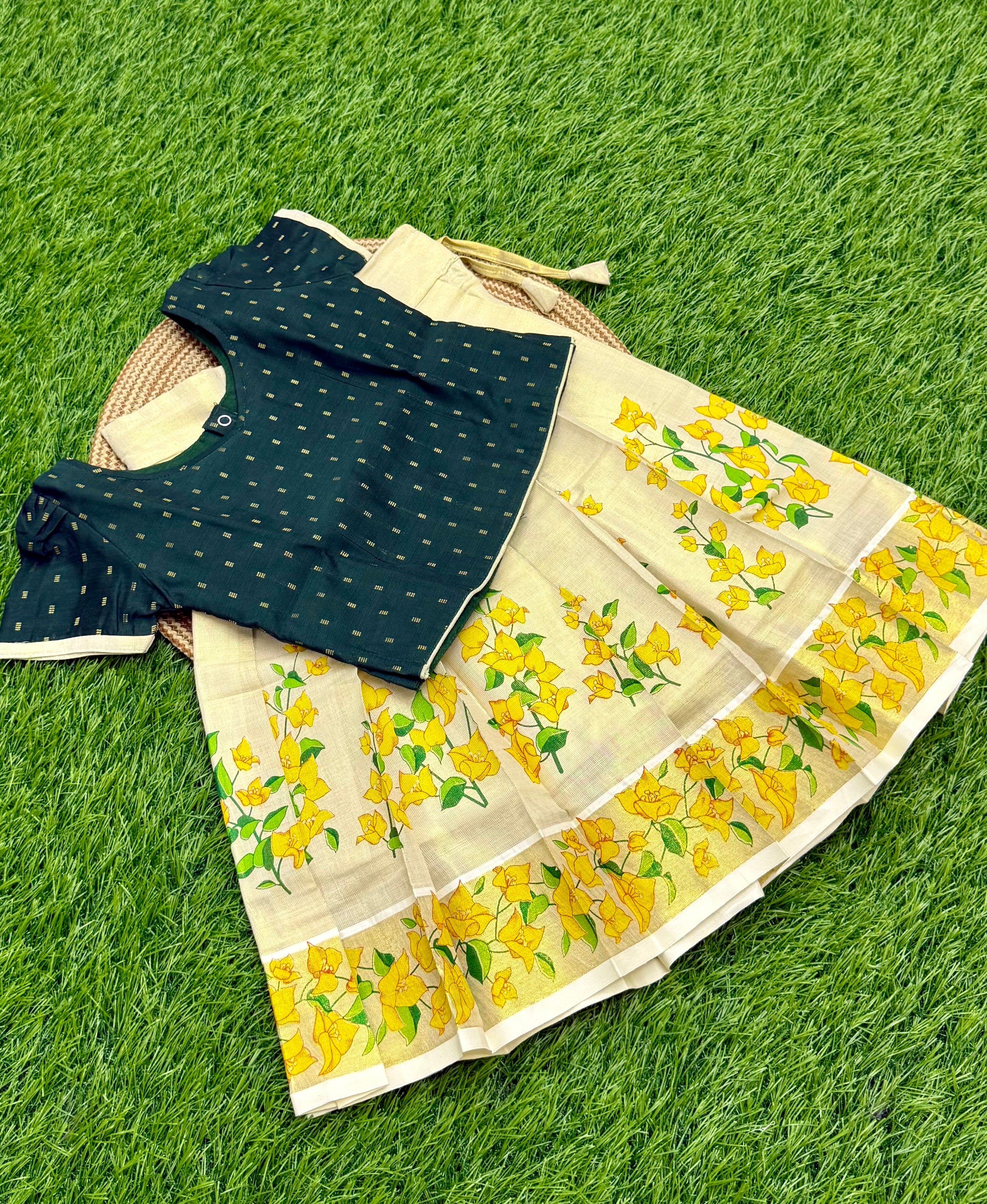KIDS GIRL'S PATTU PAVADAI -  CREAM & GREEN
