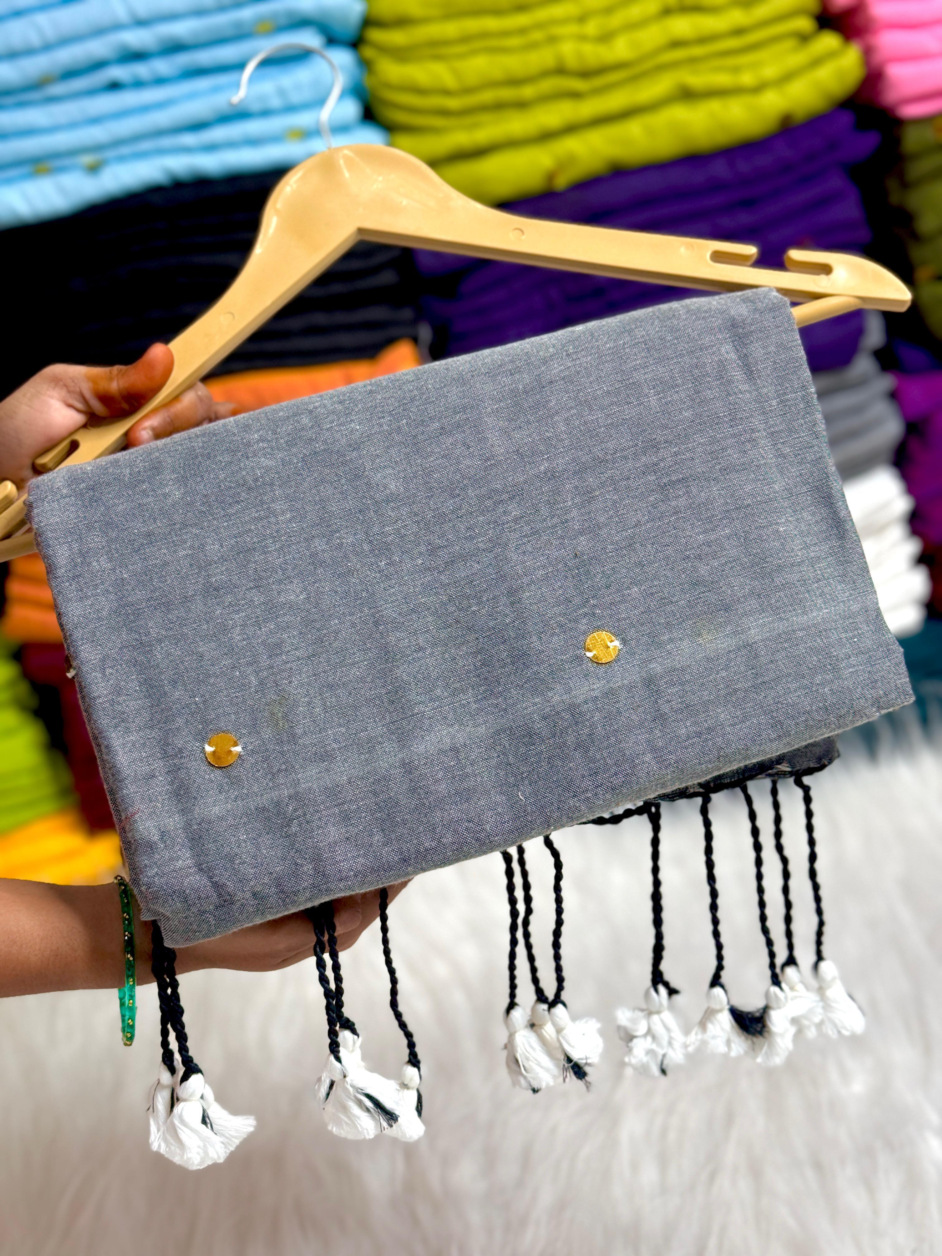 PURE KHADI MIRROR WORK COTTON SAREES - GREY