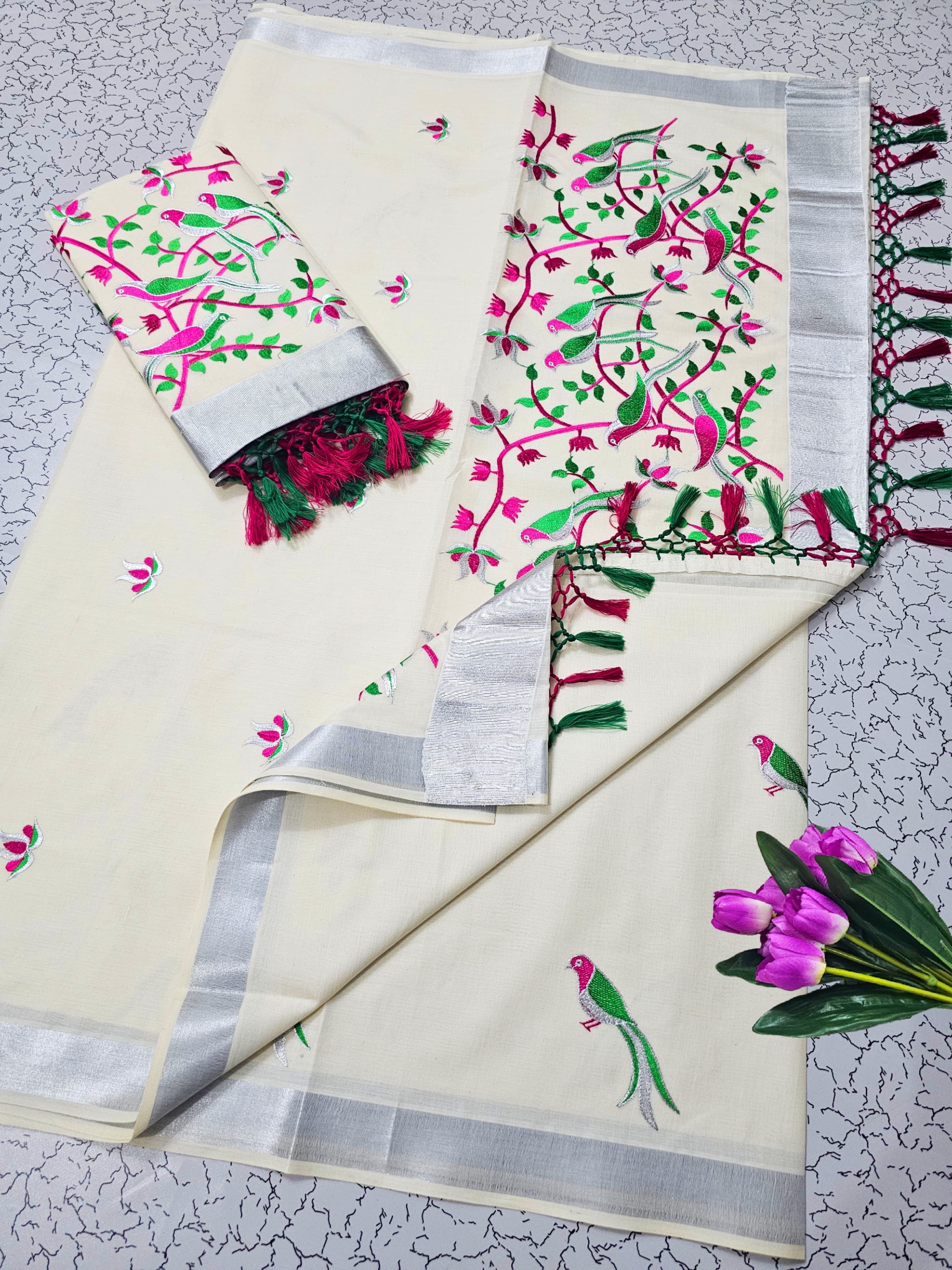 KERALA FANCY PARROT EMBROIDERY SAREE (SILVER)