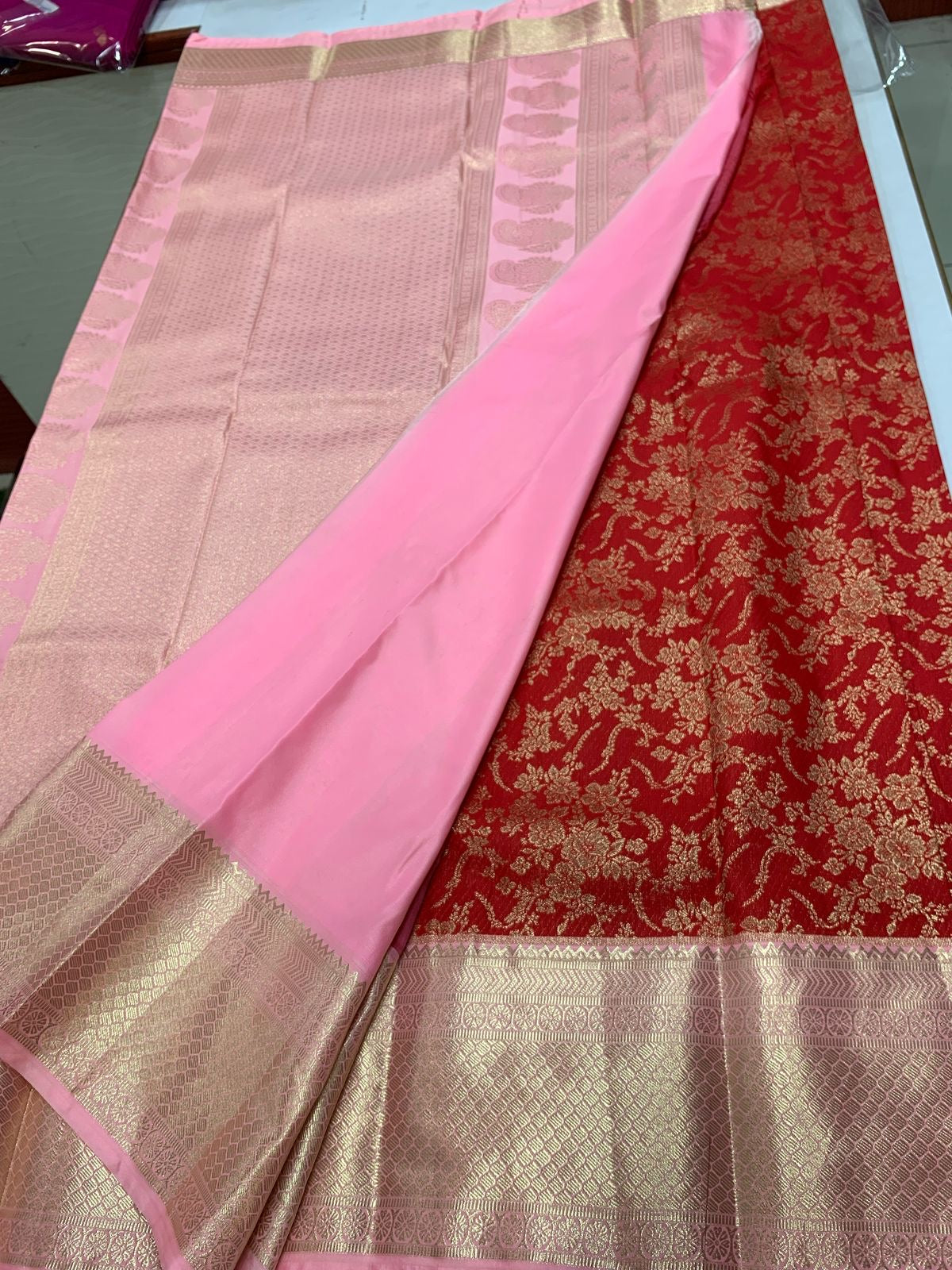 SEMI KANCHI SILK SAREE - RED & BABY PINK