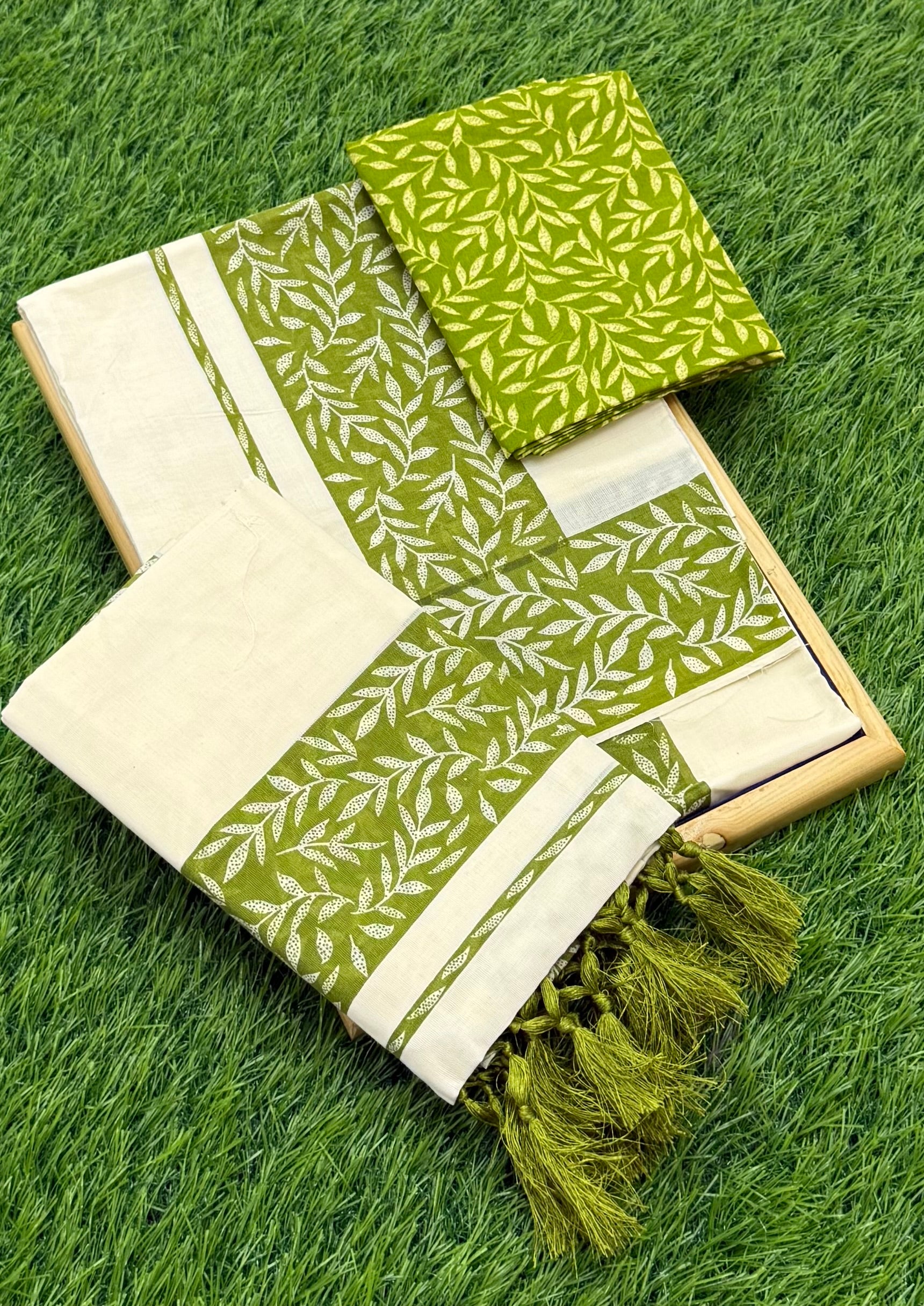 FANCY PRINTED SINGLE SET MUNDU (MUNDUM NERIYATHUM) WITH BLOUSE PIECE - 2 X 2.80 MTRS