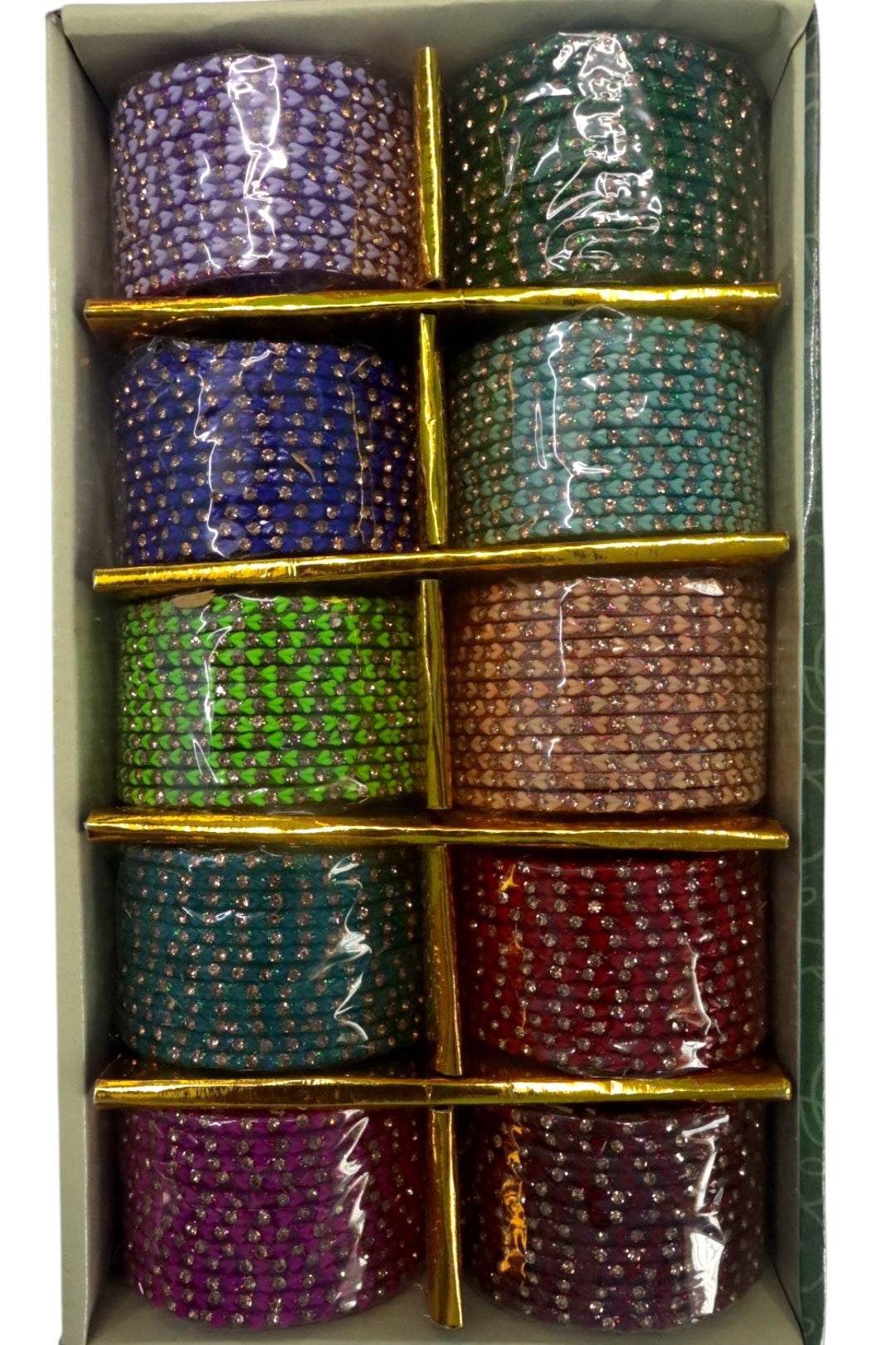 PREMIUM STONE WORK GLASS BANGLES - 10 COLOUR MIX(BOX OF 120PCS)