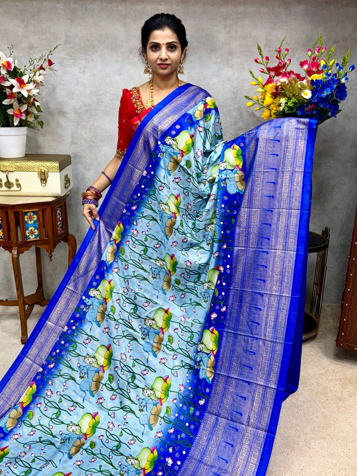 SEMI DOLLA PRINTED SAREE - TURQUOISE BLUE