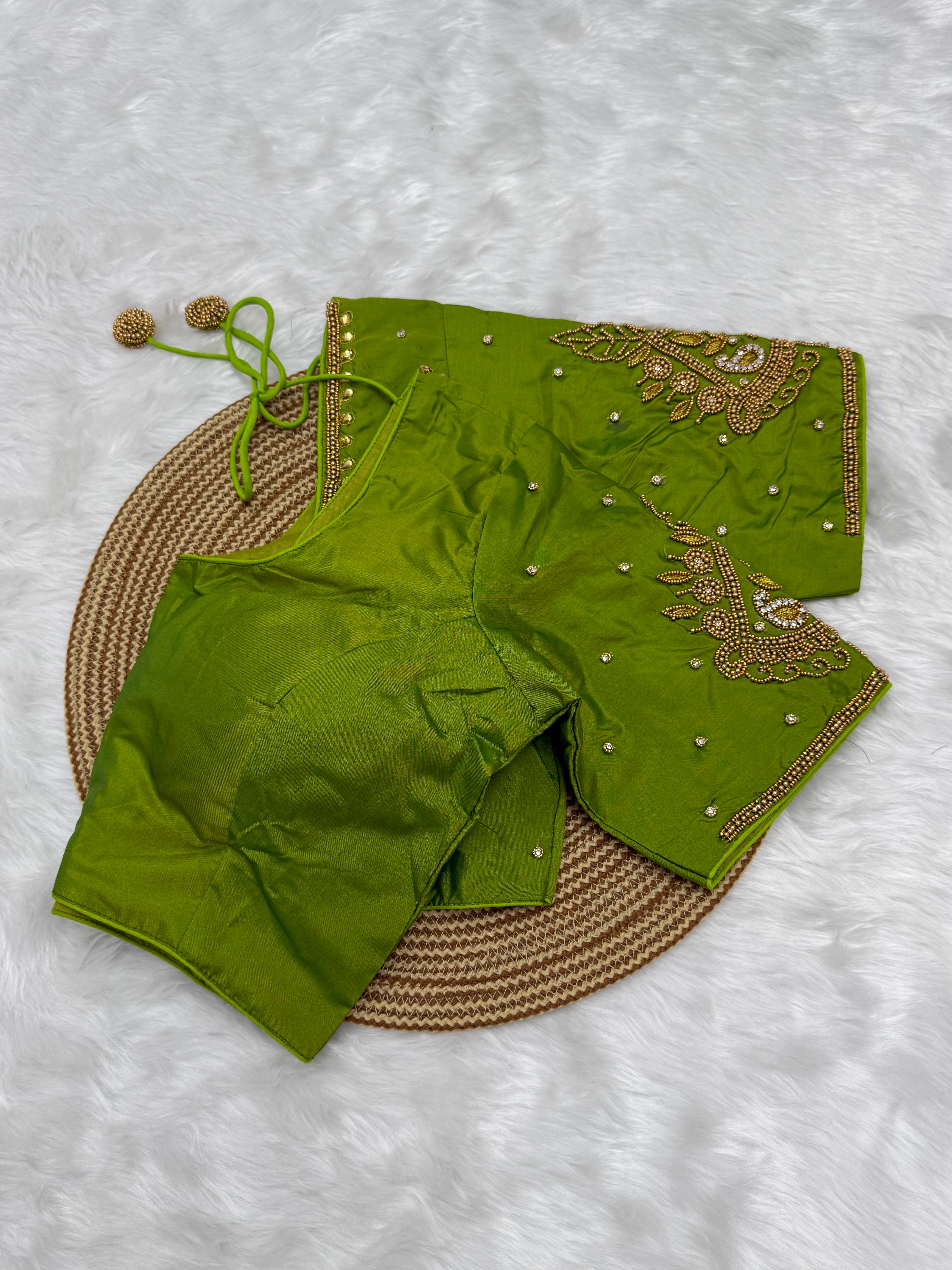 BRIDAL AARI WORK READY TO WEAR SAREE BLOUSE - APPLE GREEN