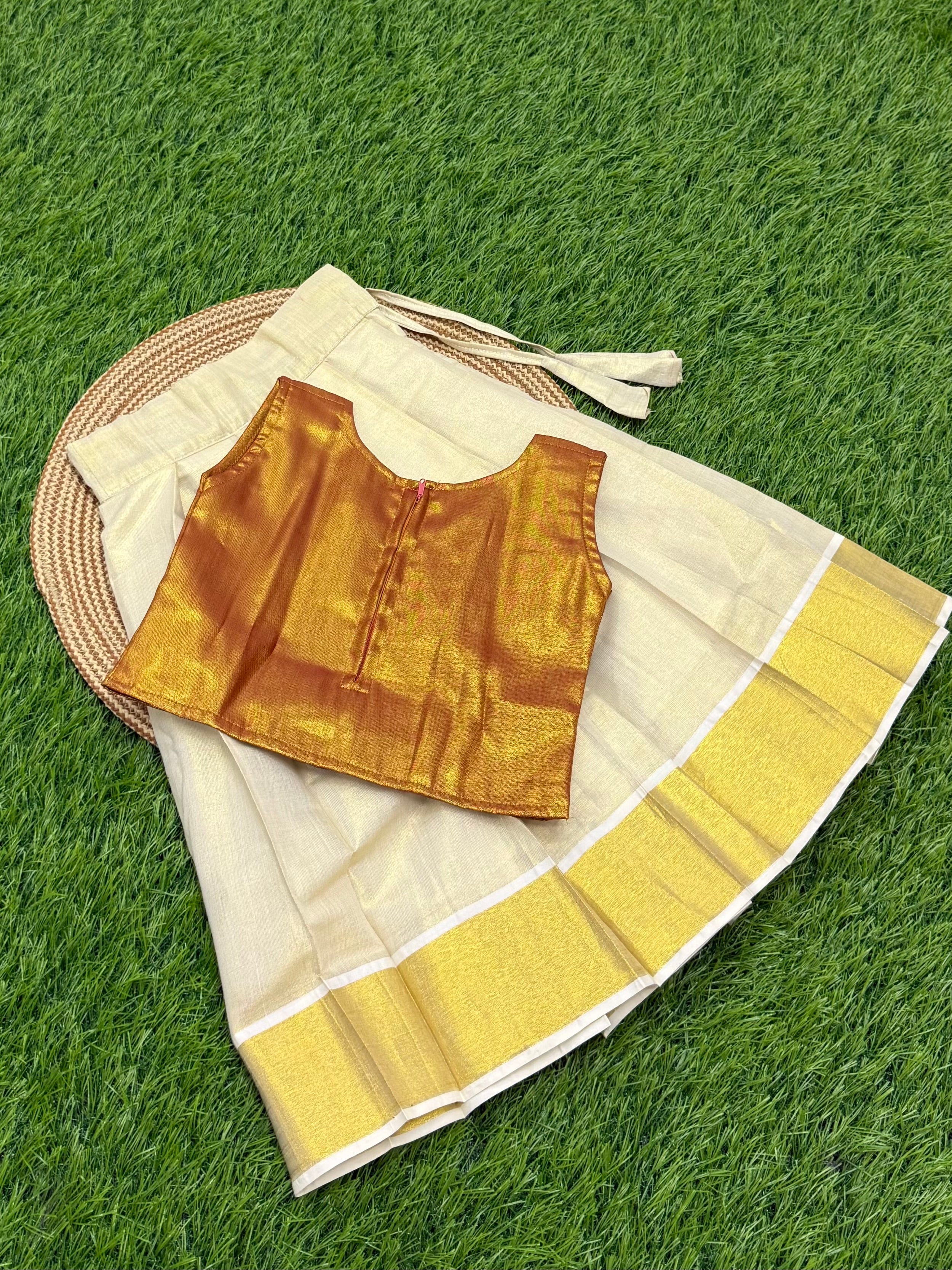 KIDS GIRL'S PATTU PAVADAI -  ORANGISH GOLD
