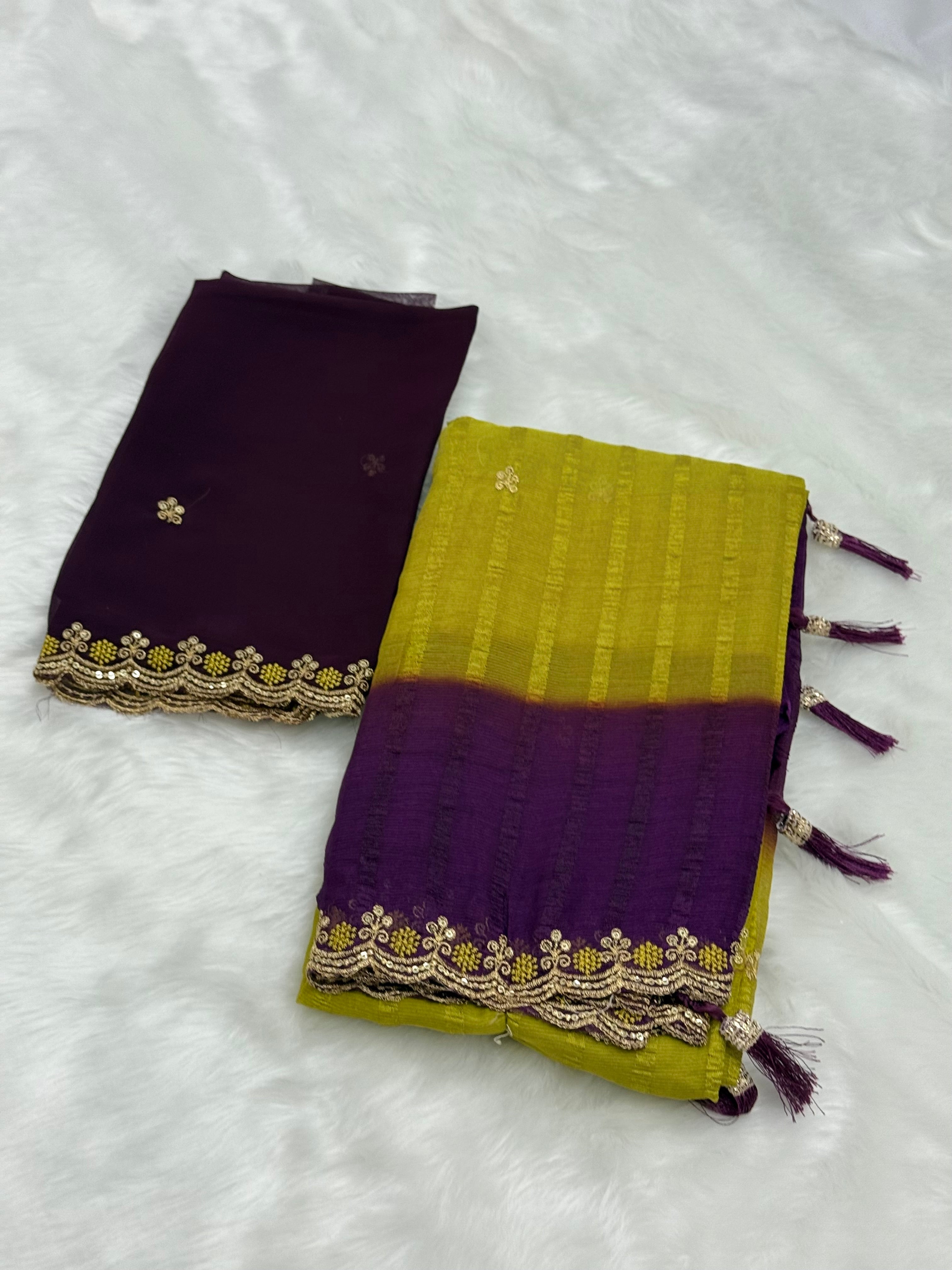 DESIGNER CHIFFON SAREE WITH BLOUSE PIECE - GREEN & EGGPLANT