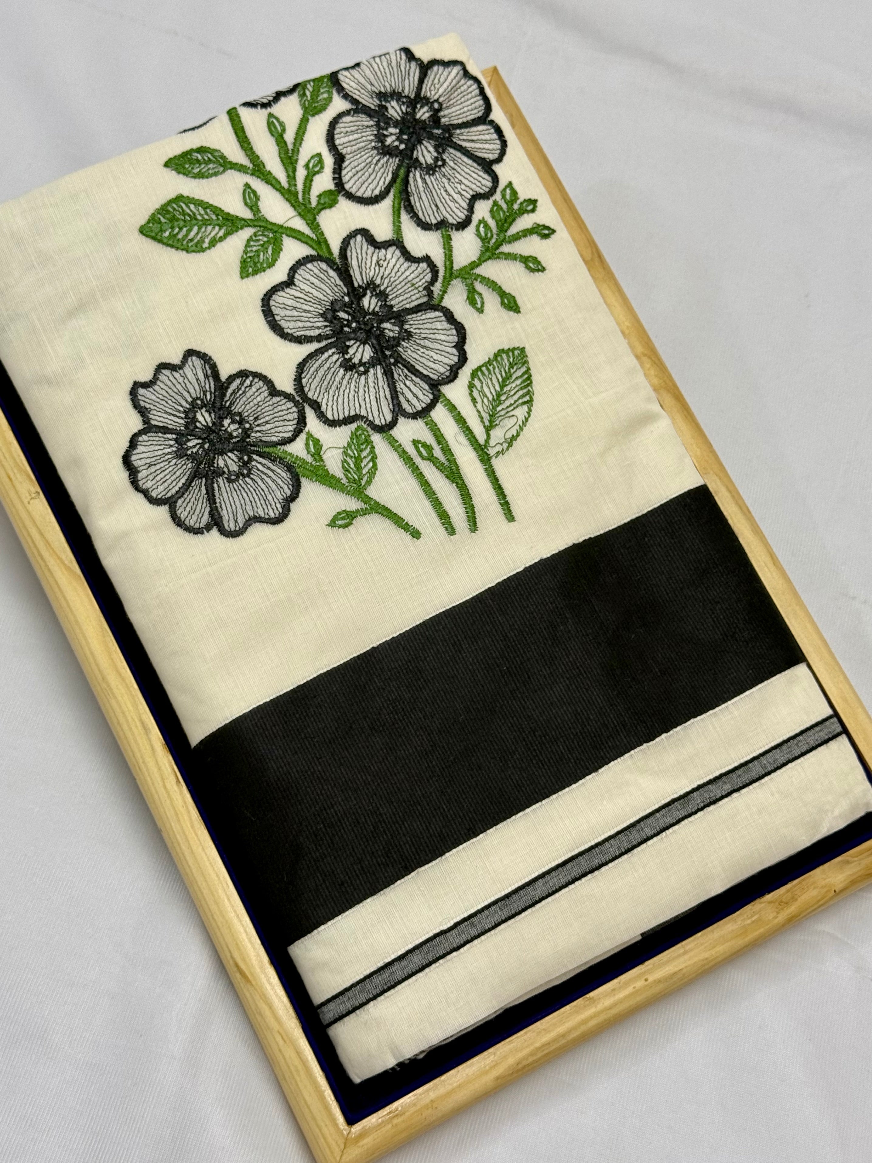 KERALA KASAVU COTTON EMBROIDERY SAREE - (OFF WHITE,BLACK)