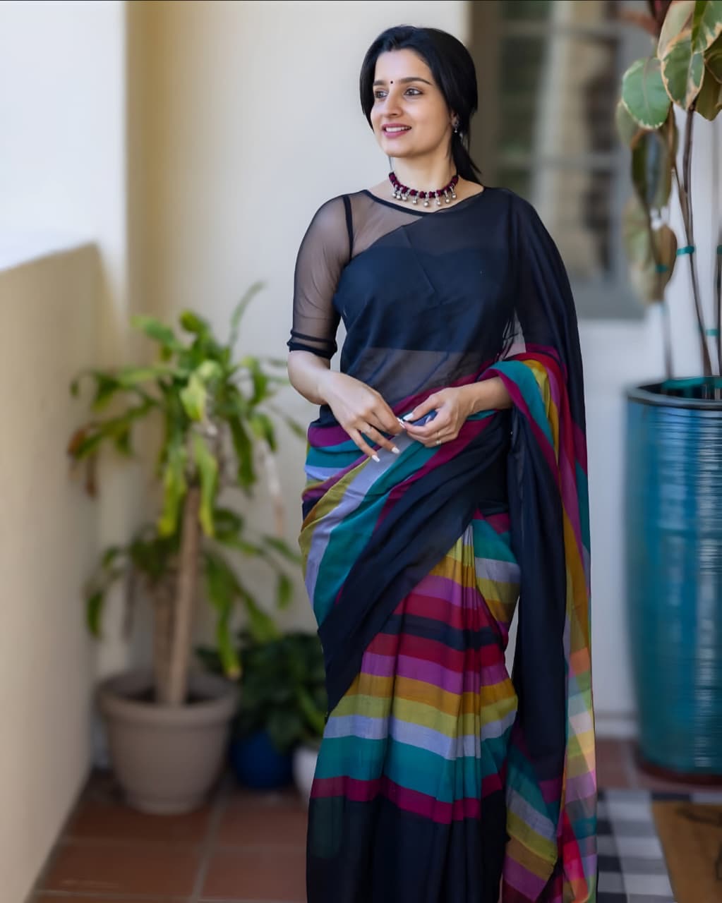 TRENDY MULTICOLOUR CHECKED TYPE SAREE