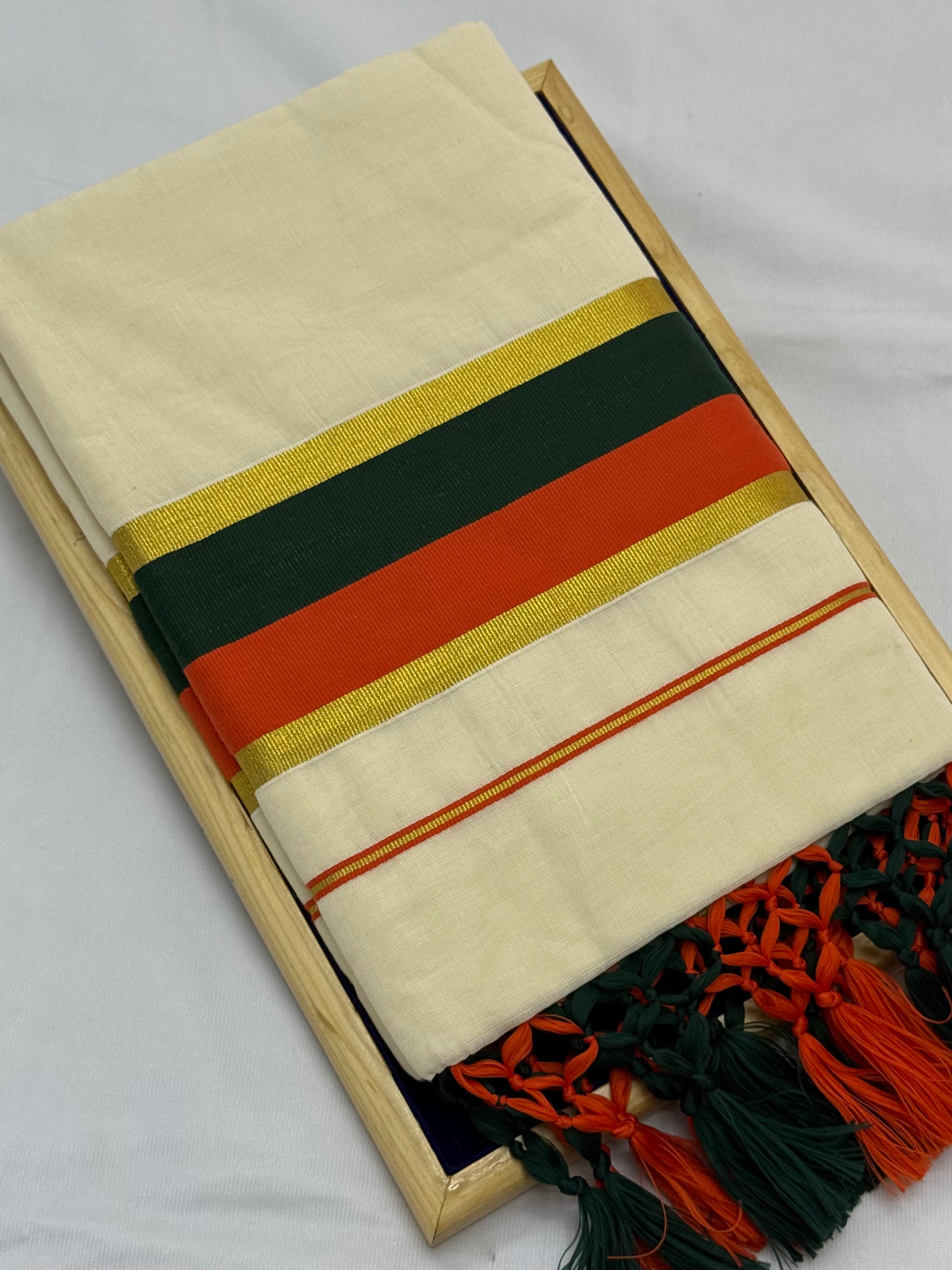 MULTI COLOUR STRIPES GOLDEN KASAVU COTTON SAREE - (OFF WHITE,GOLD)