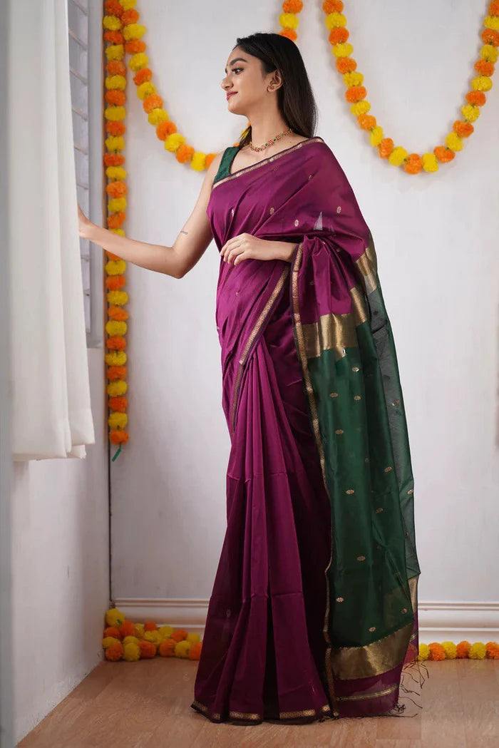 MAHESHWARI COTTON SILK SAREE - PINK & GREEN