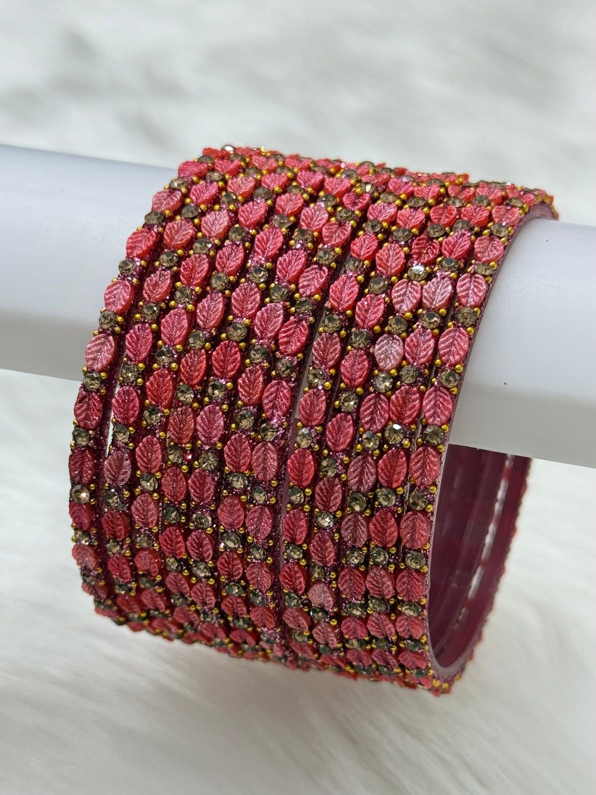 PREMIUM LEAF DESIGN STONE STUDDED GLASS BANGLES PACK OF 12