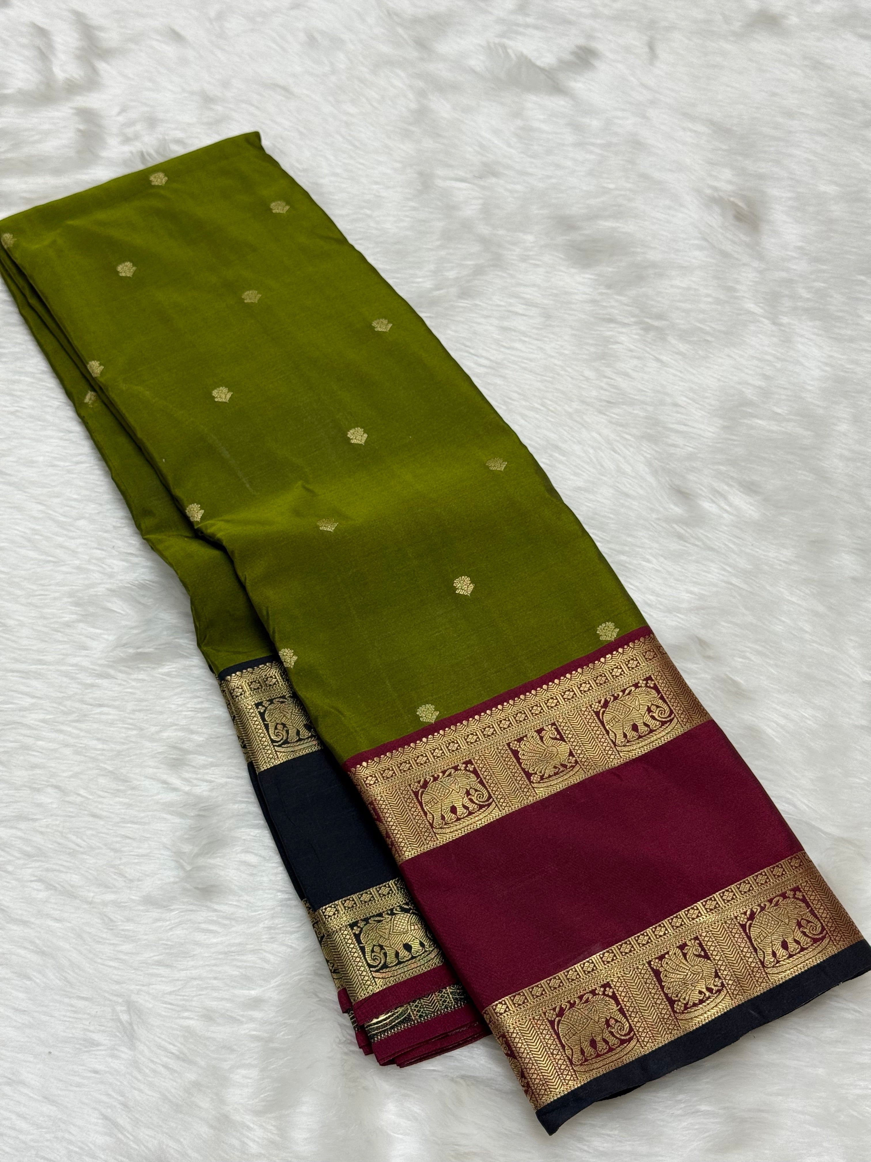 PREMIUM SEMI KANCHI SILK SAREE - DEEP OLIVE GREEN
