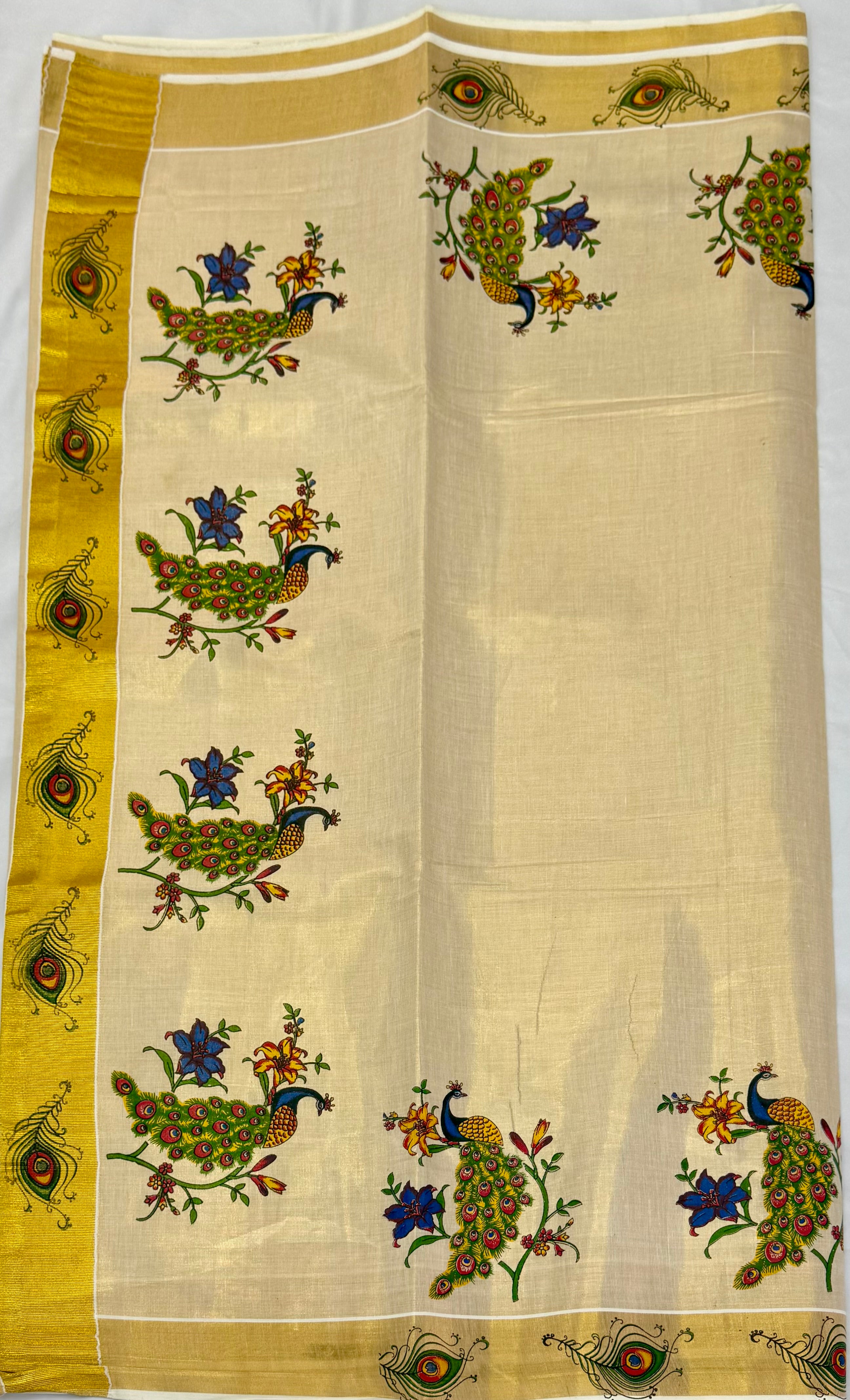 MURAL ART KASAVU TISSUE KERALA SAREE (GOLD,CREAM)
