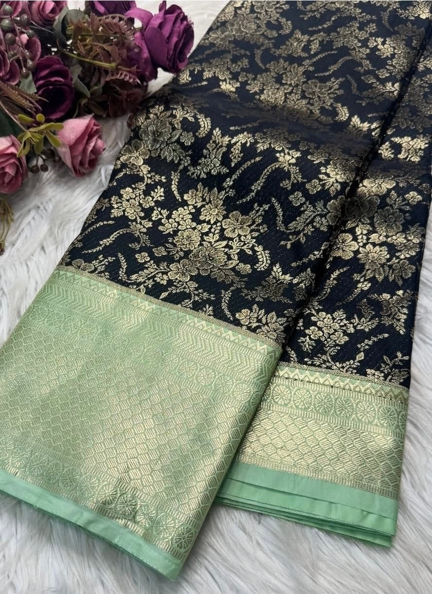 PREMIUM SEMI KANCHI BROCADE SILK SAREE - BLACK & PASTEL GREEN