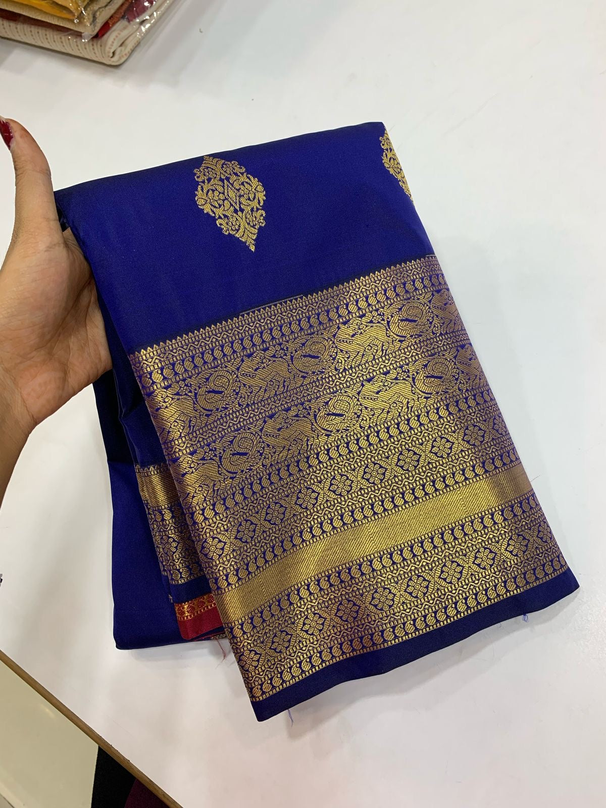 SEMI KANCHI SILK SAREE - NAVY BLUE & RED