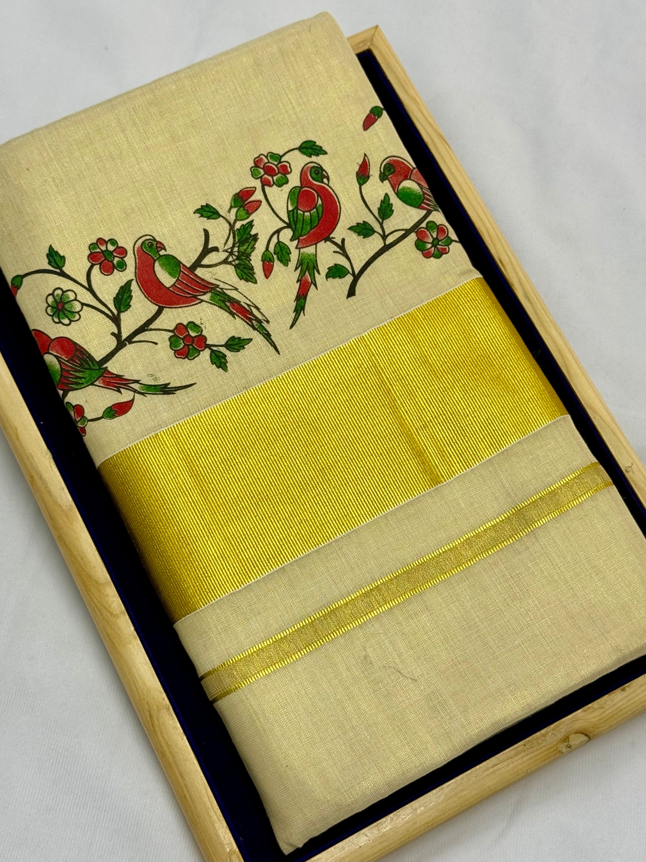 MURAL ART KASAVU TISSUE KERALA SAREE (GOLD,CREAM)