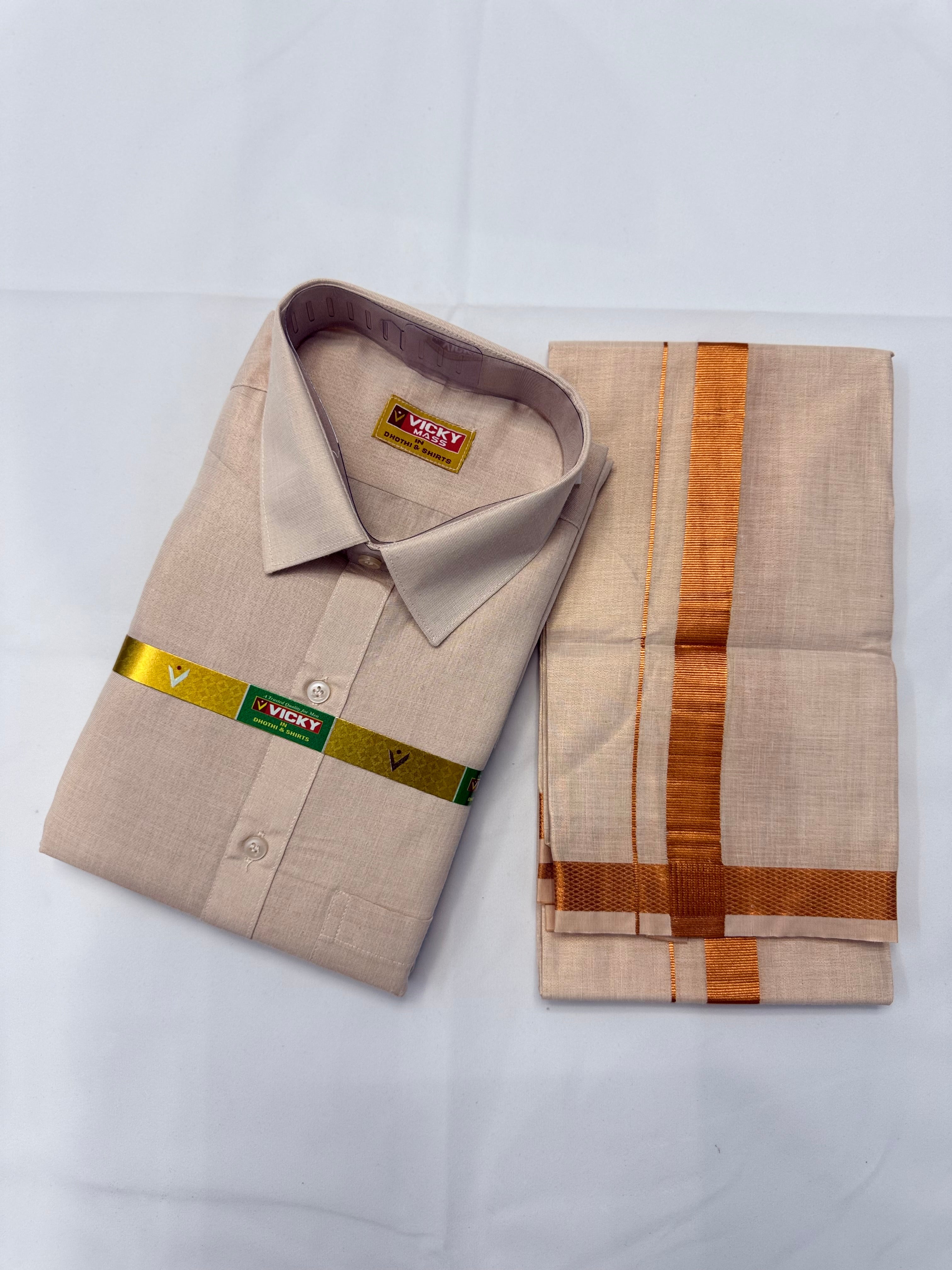 MEN'S PREMIUM TISSUE COPPER SINGLE DHOTI & SHIRT SET - CREAM