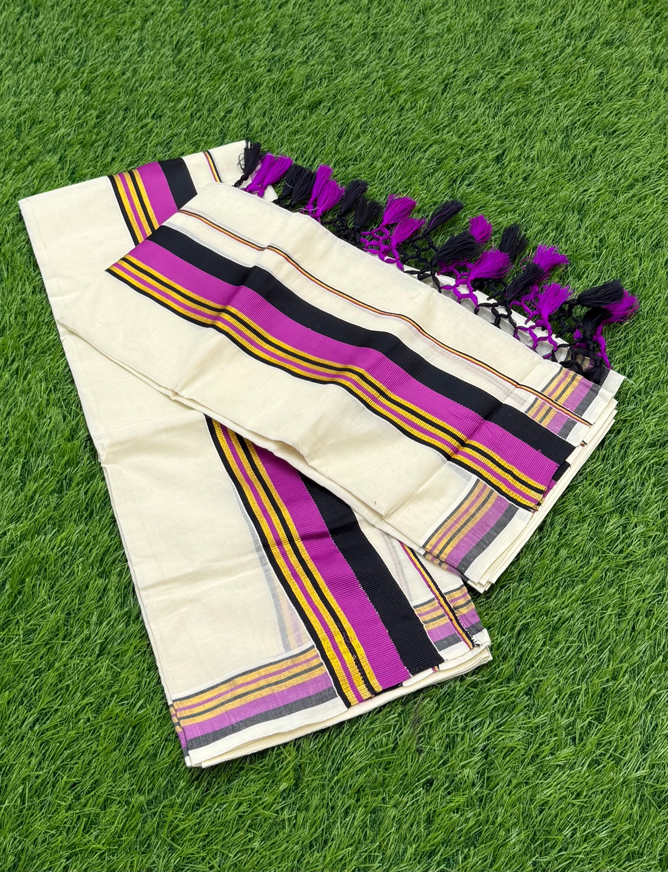 KASAVU COTTON STRIPE PATTERN SINGLE SET MUNDU (MUNDUM NERIYATHUM) - 2 X 2.80 MTRS - (OFF WHITE)