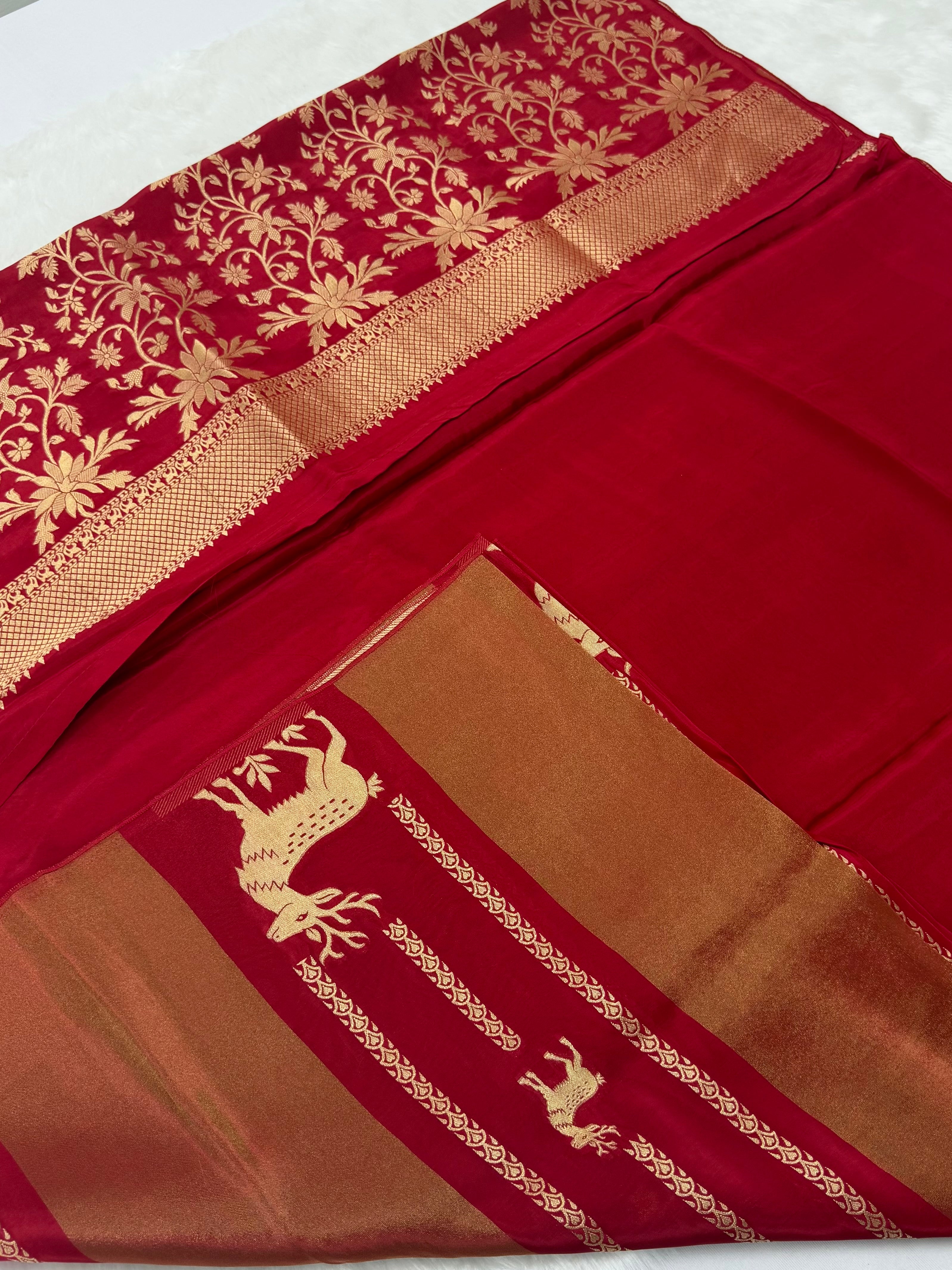PREMIUM DEER EMBOSSED CHINON CREPE SAREES - RED