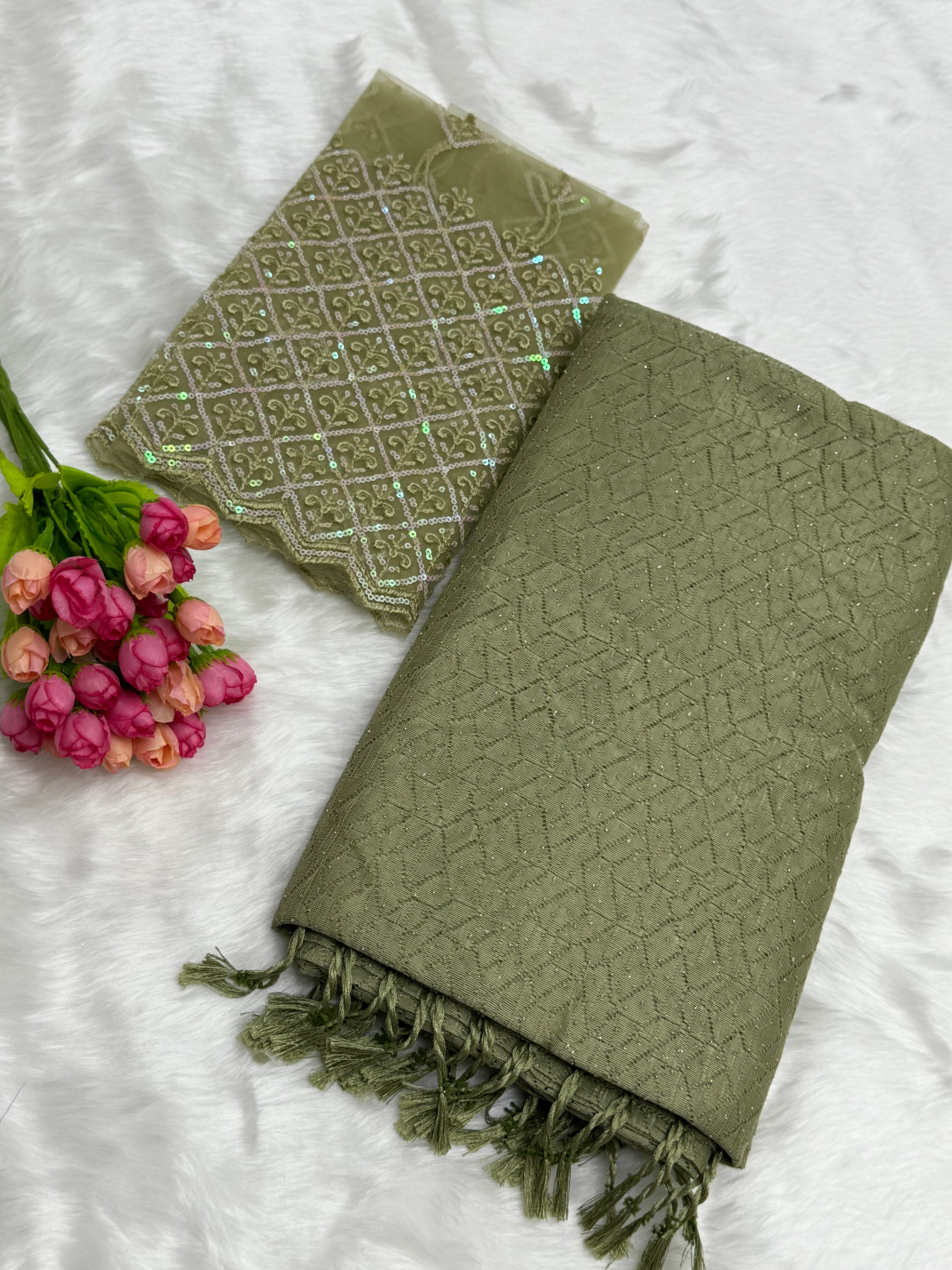 NETTED GEORGETTE SAREE WITH BLOUSE PIECE - LAUREL