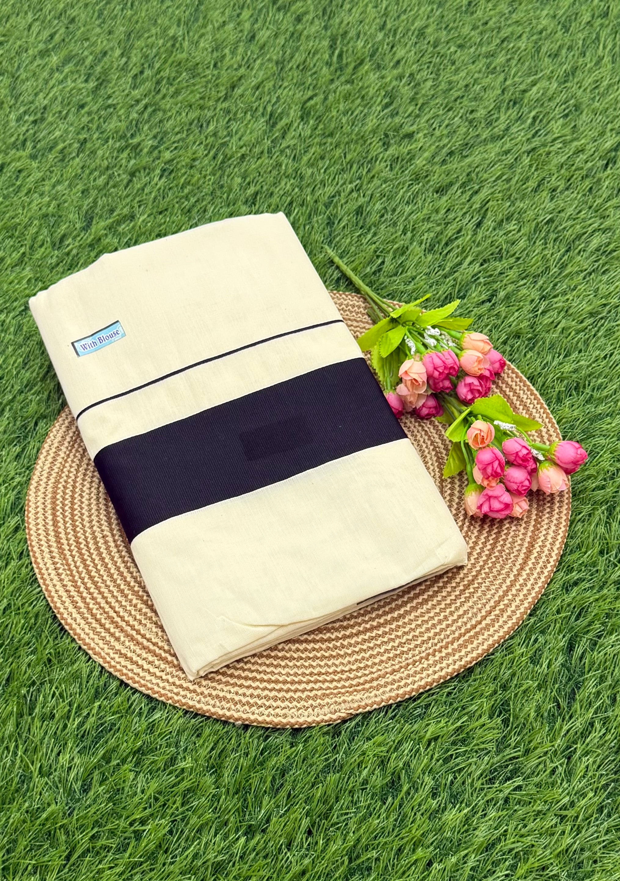 KASAVU COTTON OFF WHITE SAREE - BLUE