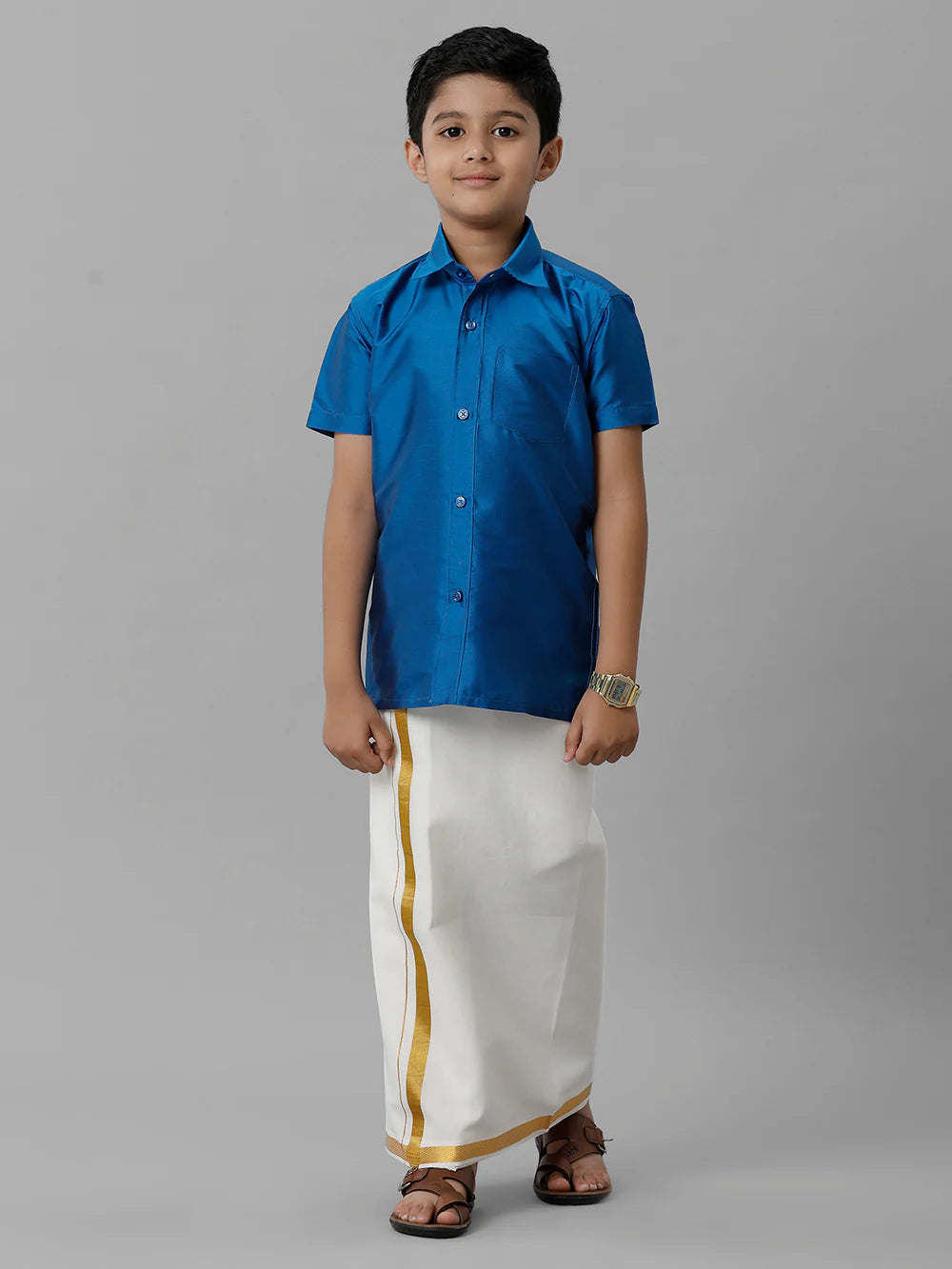 KIDS BOYS VELCRO DHOTI & SHIRT COMBO SET - PERSIAN BLUE