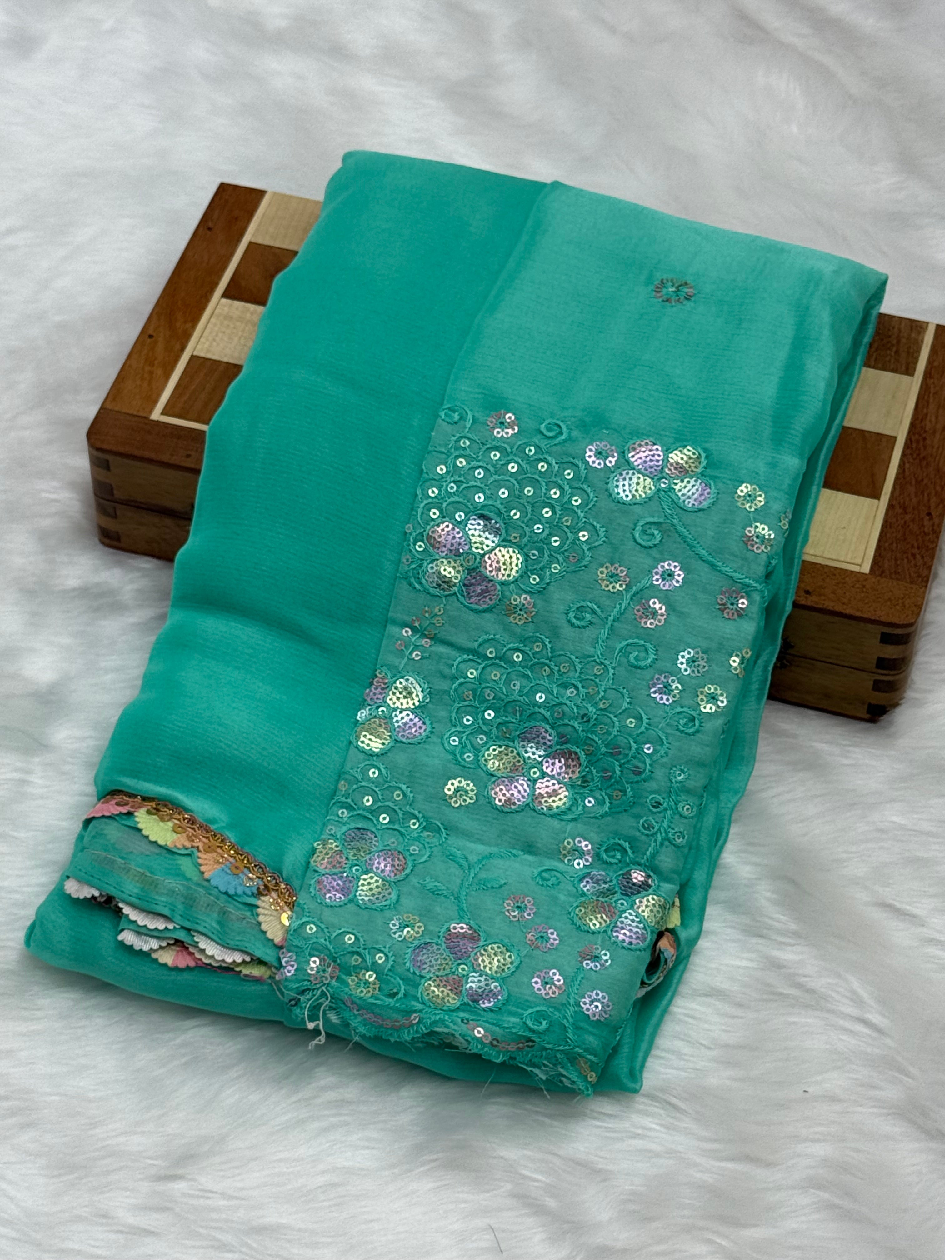 FANCY LACE BORDER CHIFFON SAREE - TURQUOISE