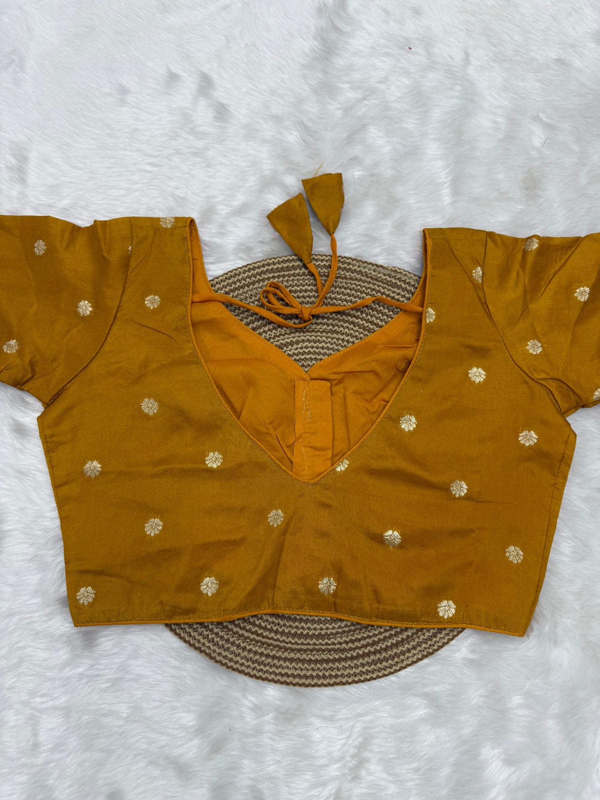 DESIGNER BUTTA WORK READYMADE BLOUSE - TANGERINE YELLOW
