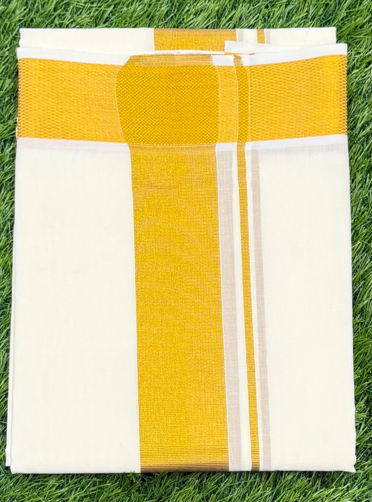 MEN'S DOUBLE DHOTI CREAM WITH 2'' GOLD ZARI BORDER