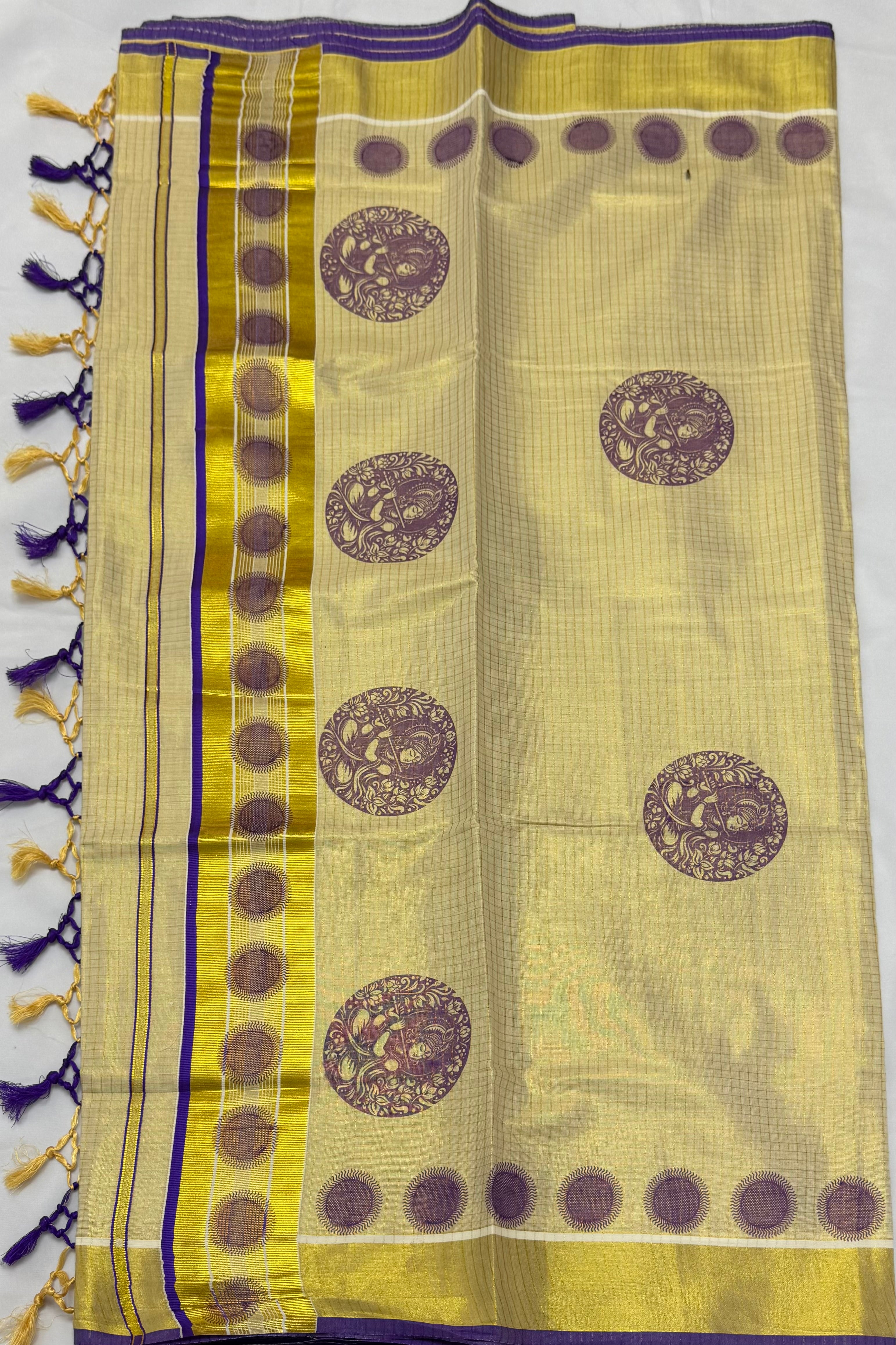 MURAL ART KASAVU TISSUE KERALA SAREE (GOLD,CREAM)