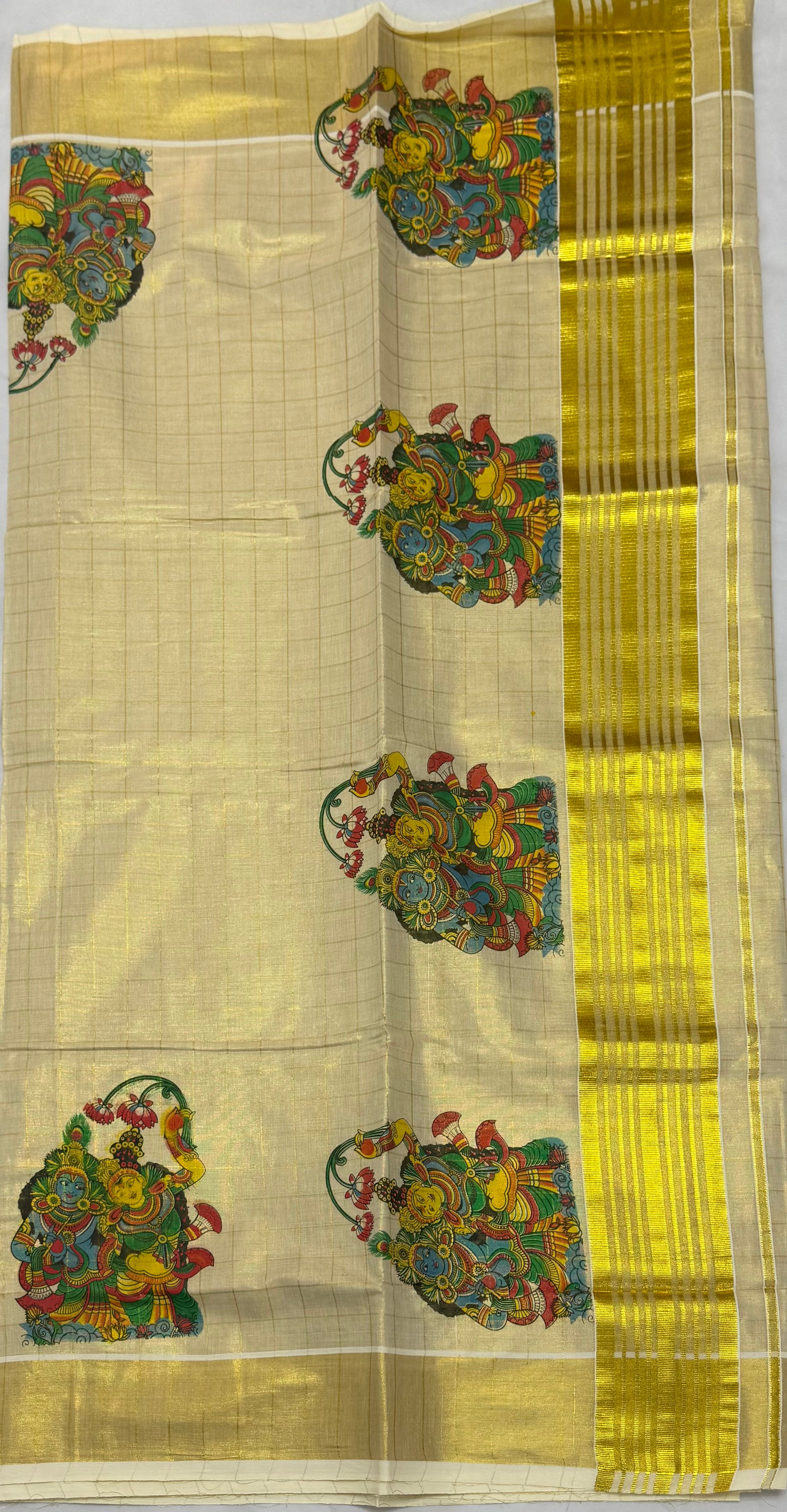 MURAL ART KASAVU TISSUE KERALA SAREE (GOLD,CREAM)