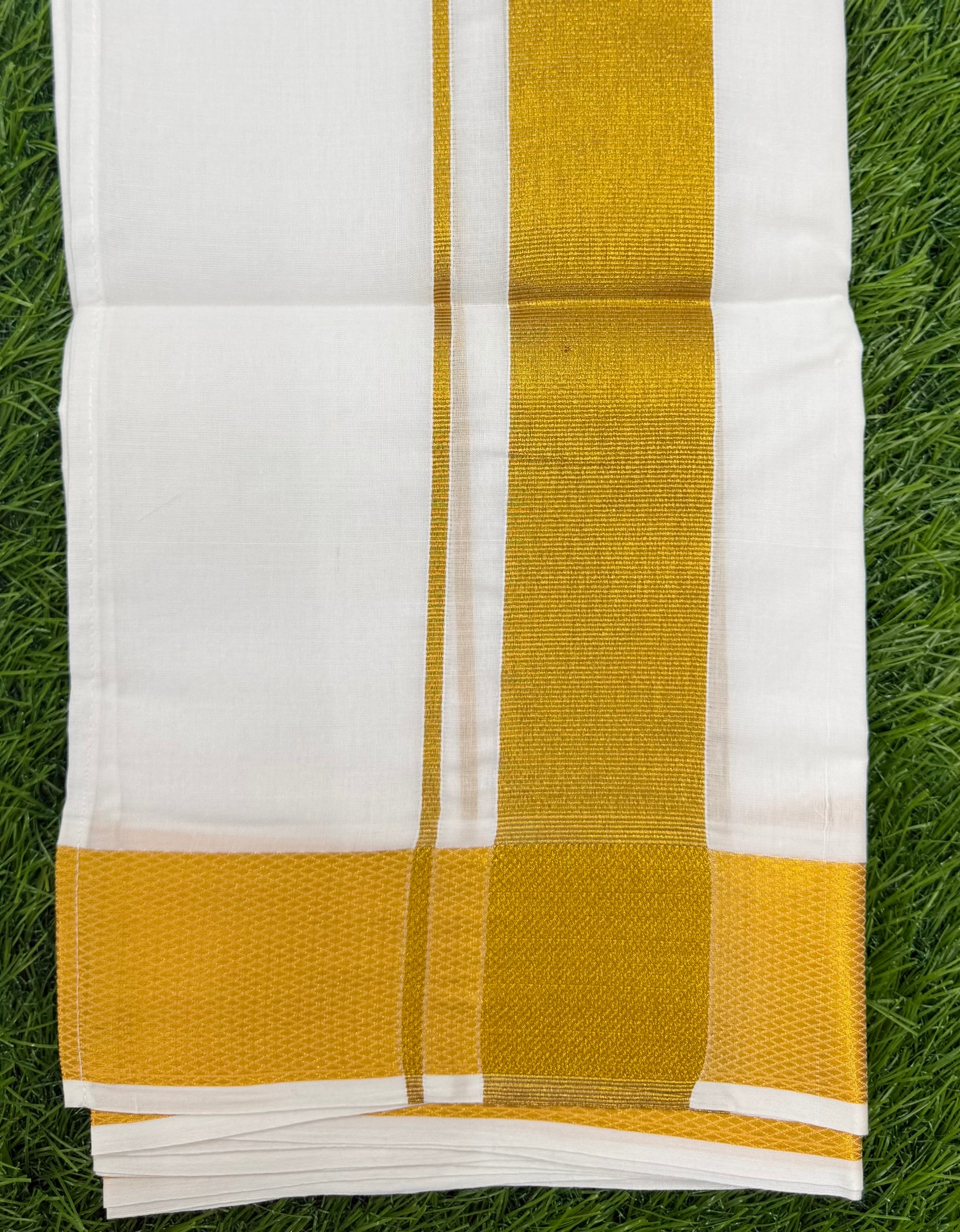 MEN'S DOUBLE DHOTI WHITE WITH GOLD ZARI BORDER 2''- VELCRO