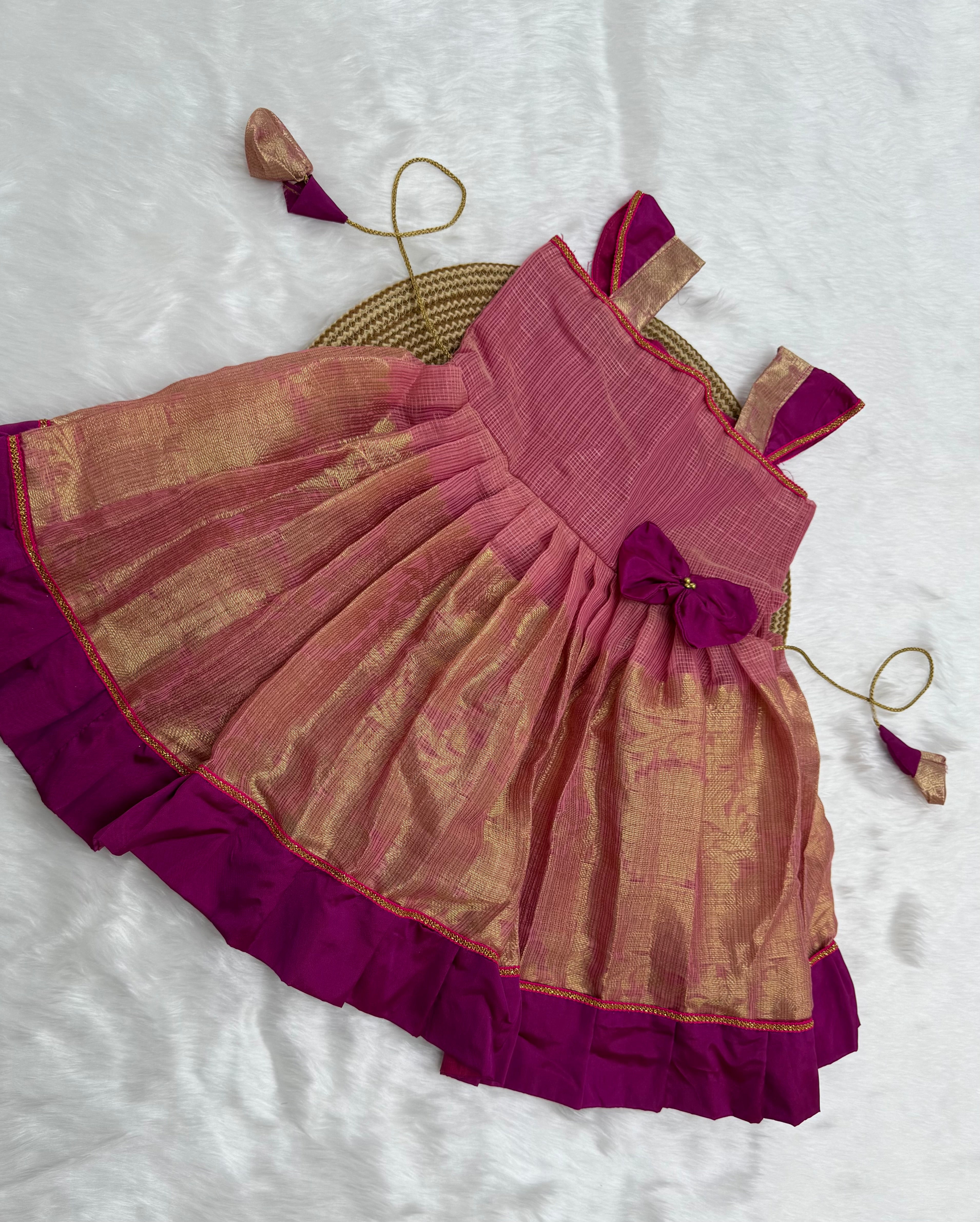 PINK & GOLD PATTU PAVADAI FOR KIDS | TRADITIONAL SILK FROCK WITH BOW & PURPLE BORDER