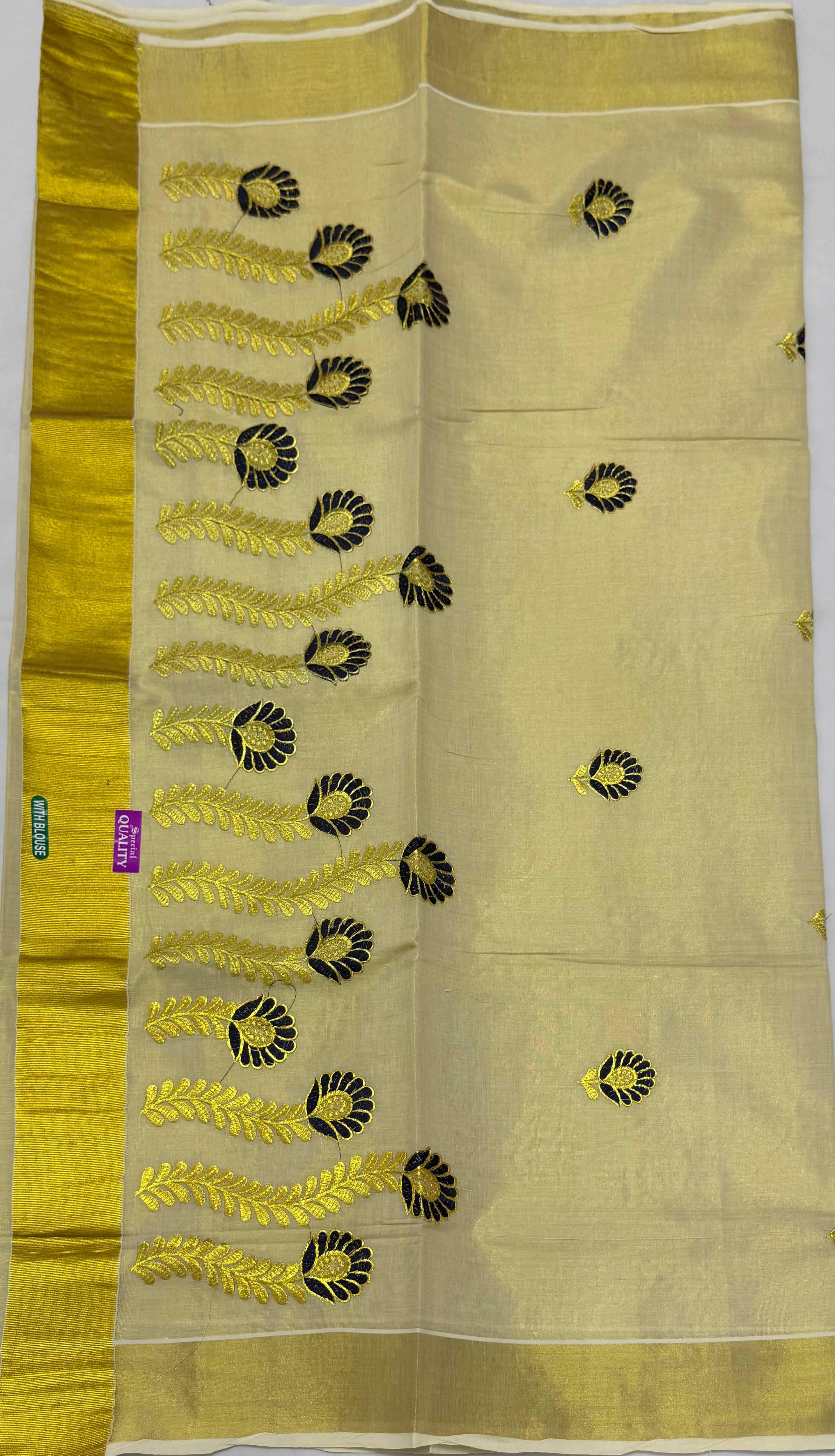 KERALA KASAVU TISSUE SILK EMBROIDERY  SAREE - (GOLD,CREAM)