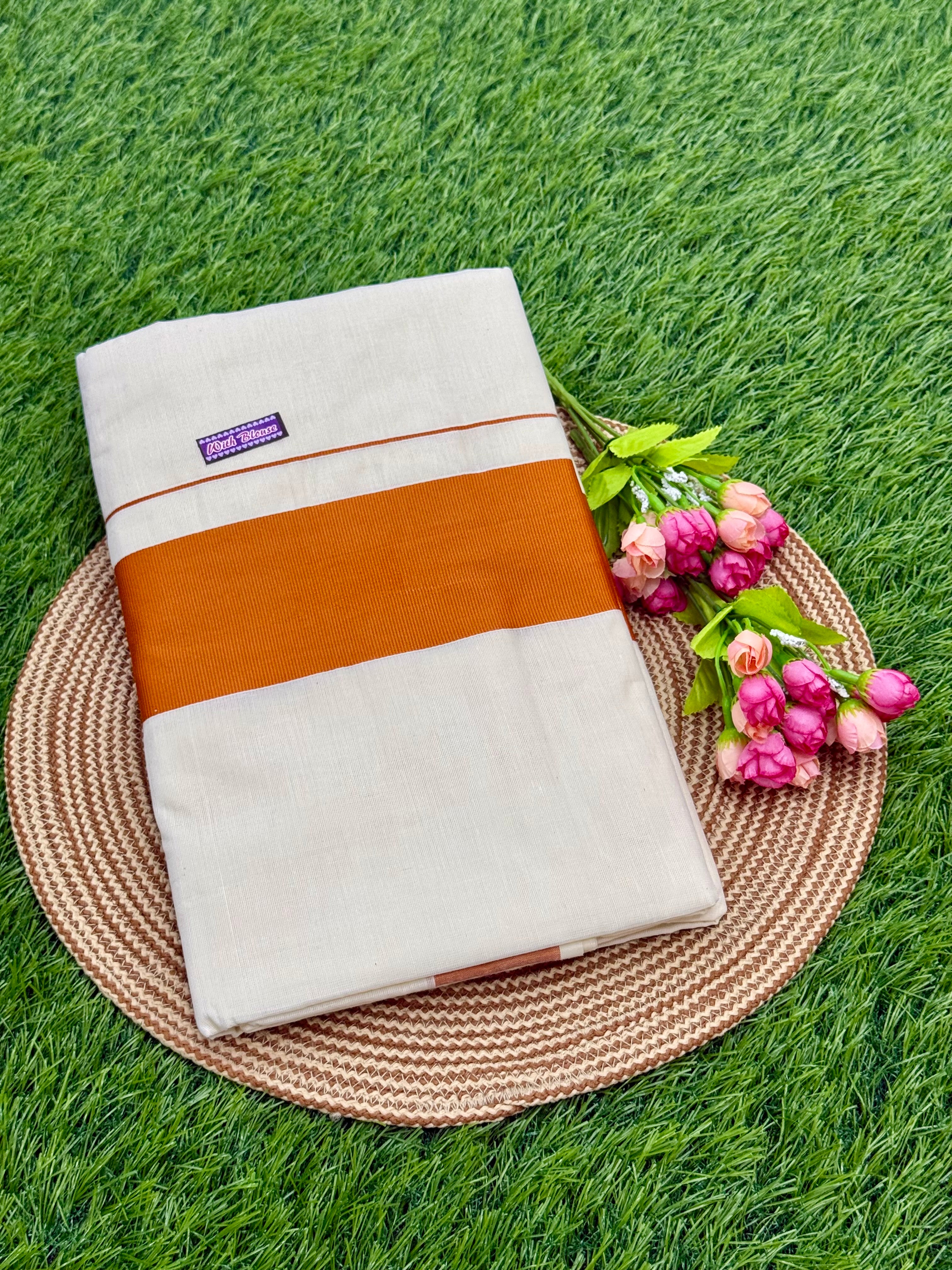 KASAVU COTTON OFF WHITE SAREE - ORANGE