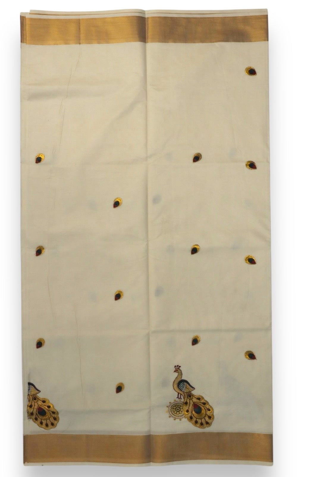 KERALA FANCY PEACOCK EMBROIDERY SAREE (GOLD,BEIGE)