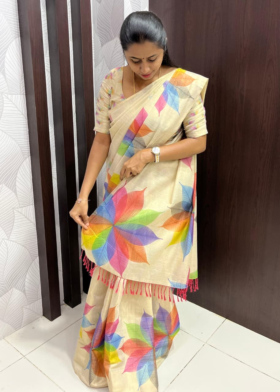 PREMIUM SOFT TISSUE SAREES - CREAM